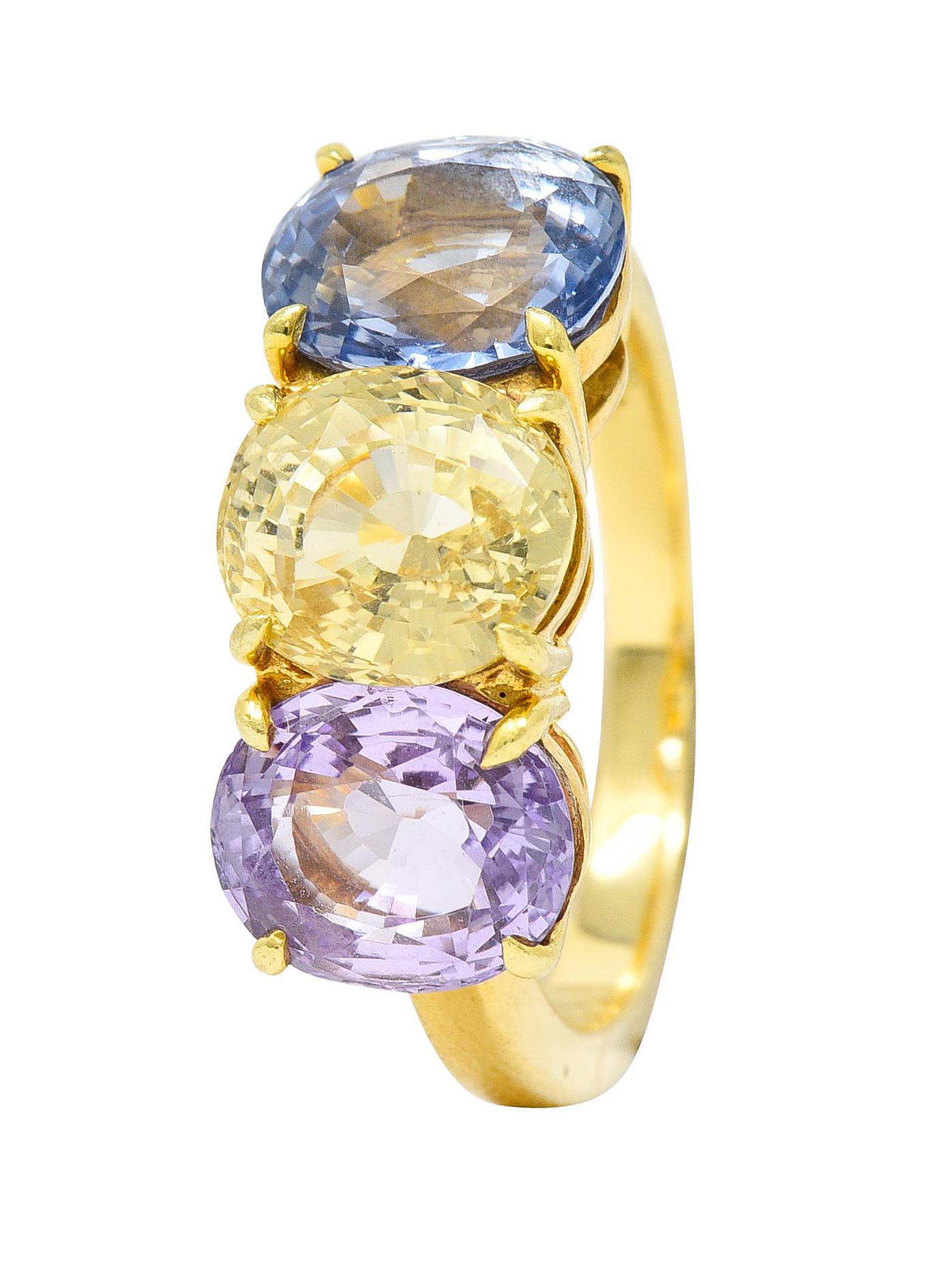 Tiffany & Co. 8.79 Carats Pastel Colored Sapphire 18 Karat Gold Three Stone Ring 6