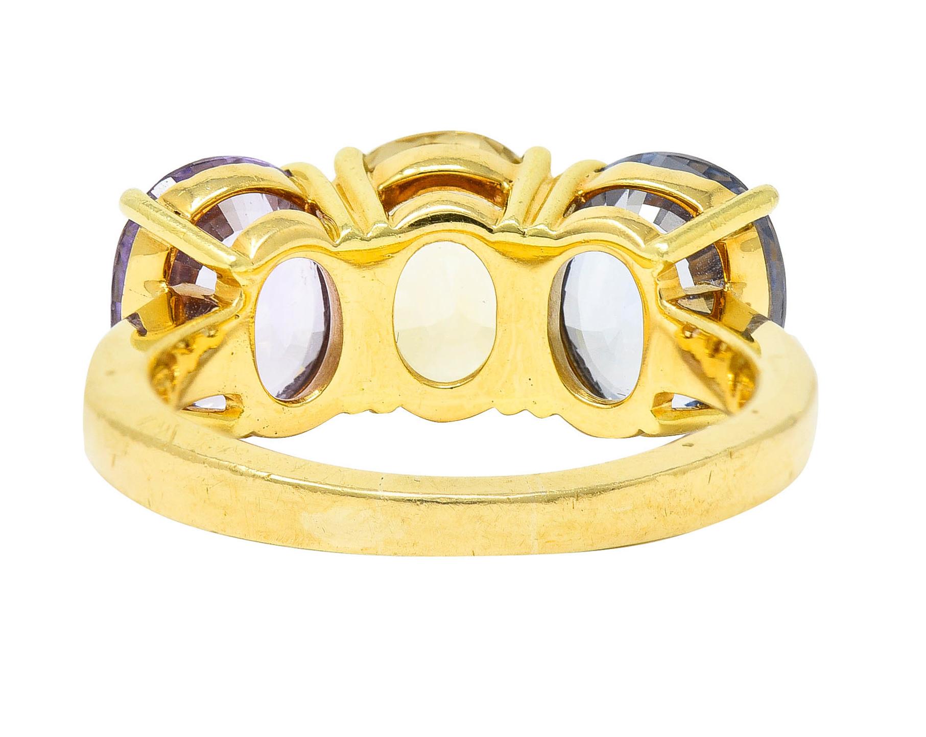 Oval Cut Tiffany & Co. 8.79 Carats Pastel Colored Sapphire 18 Karat Gold Three Stone Ring