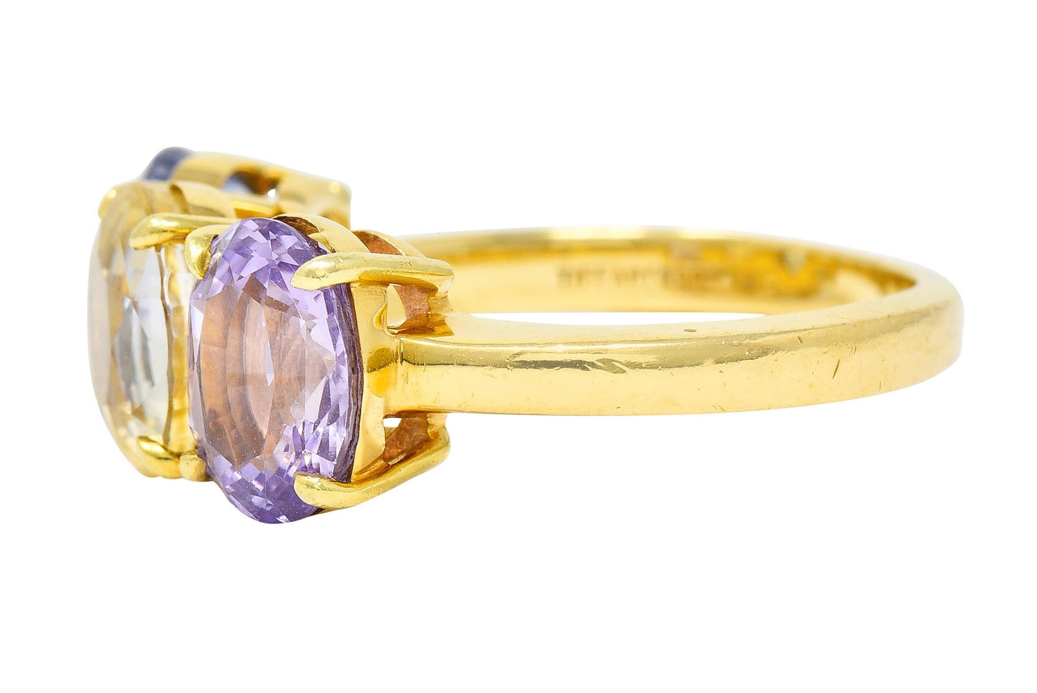 Tiffany & Co. 8.79 Carats Pastel Colored Sapphire 18 Karat Gold Three Stone Ring In Excellent Condition In Philadelphia, PA