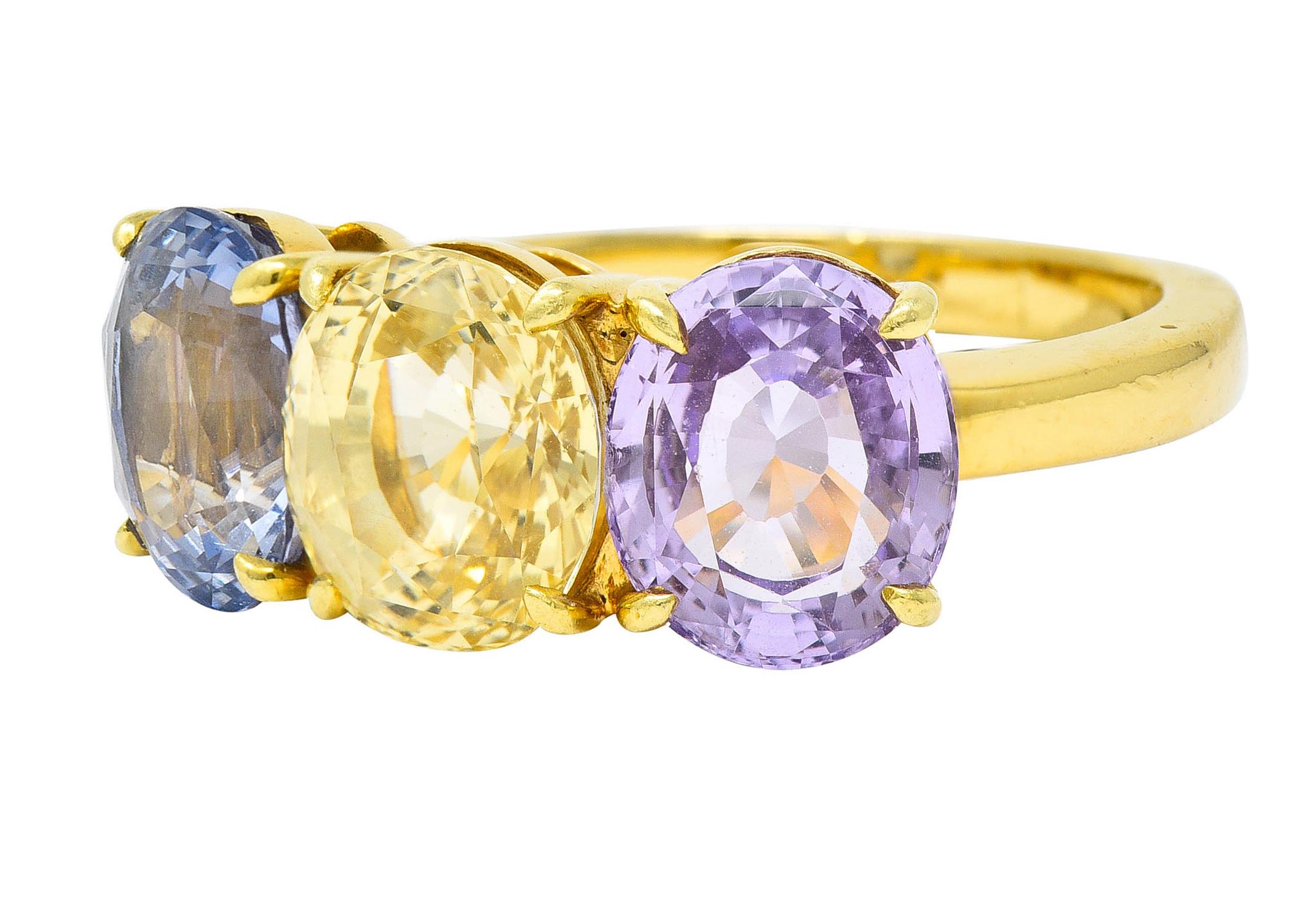 Women's or Men's Tiffany & Co. 8.79 Carats Pastel Colored Sapphire 18 Karat Gold Three Stone Ring
