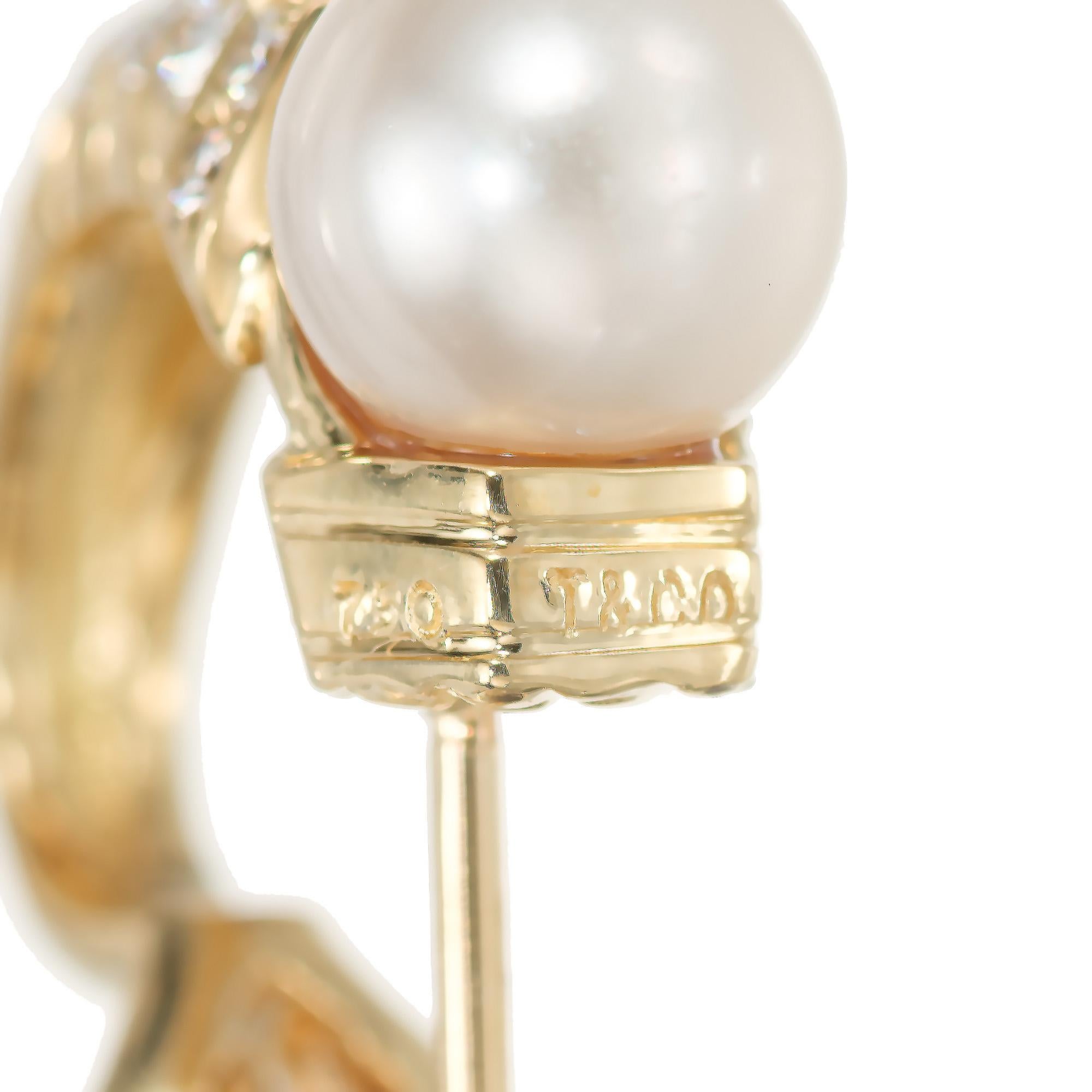 Women's Tiffany & Co .90 Carat Diamond Pearl Yellow Gold Hoop Earrings