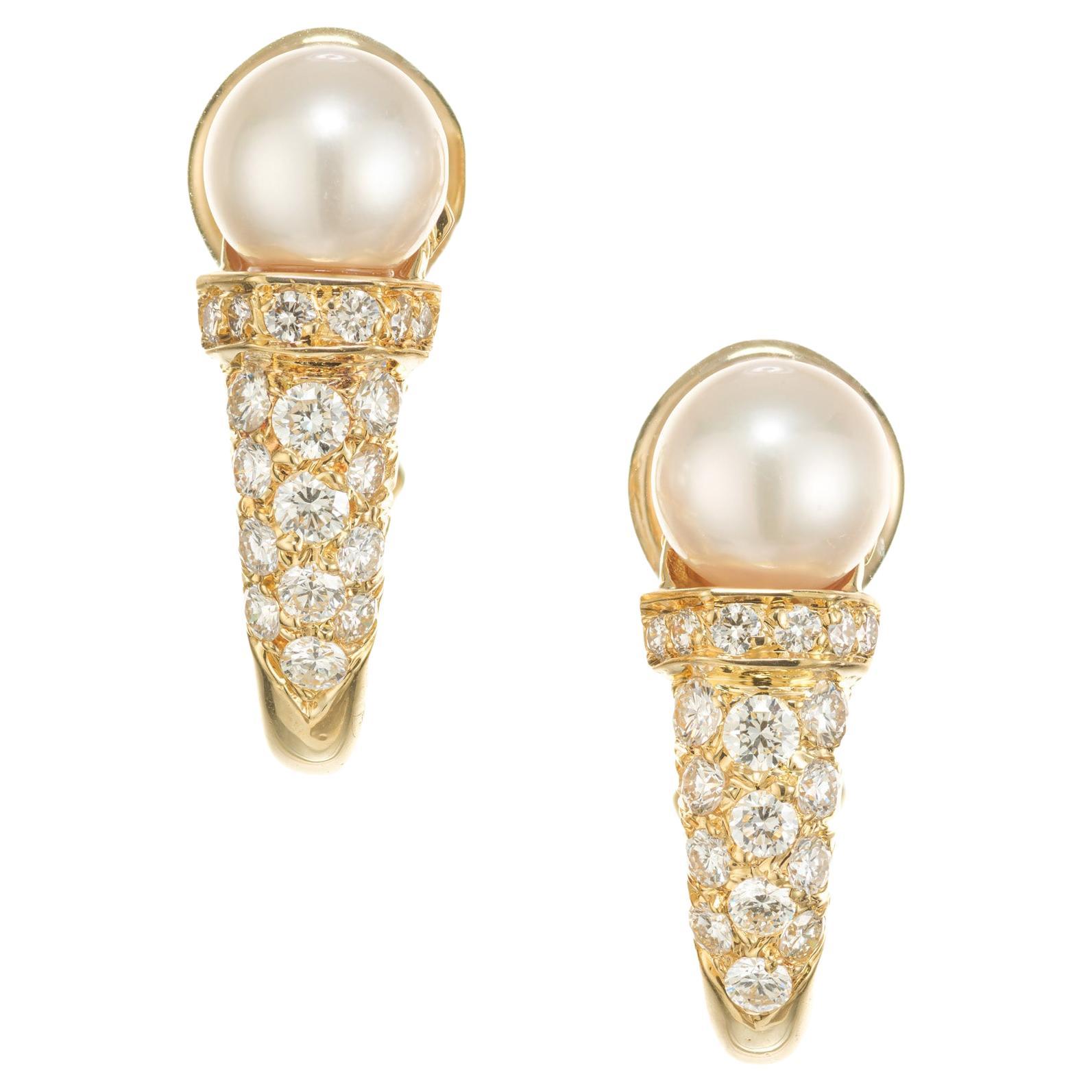 Tiffany & Co .90 Carat Diamond Pearl Yellow Gold Hoop Earrings