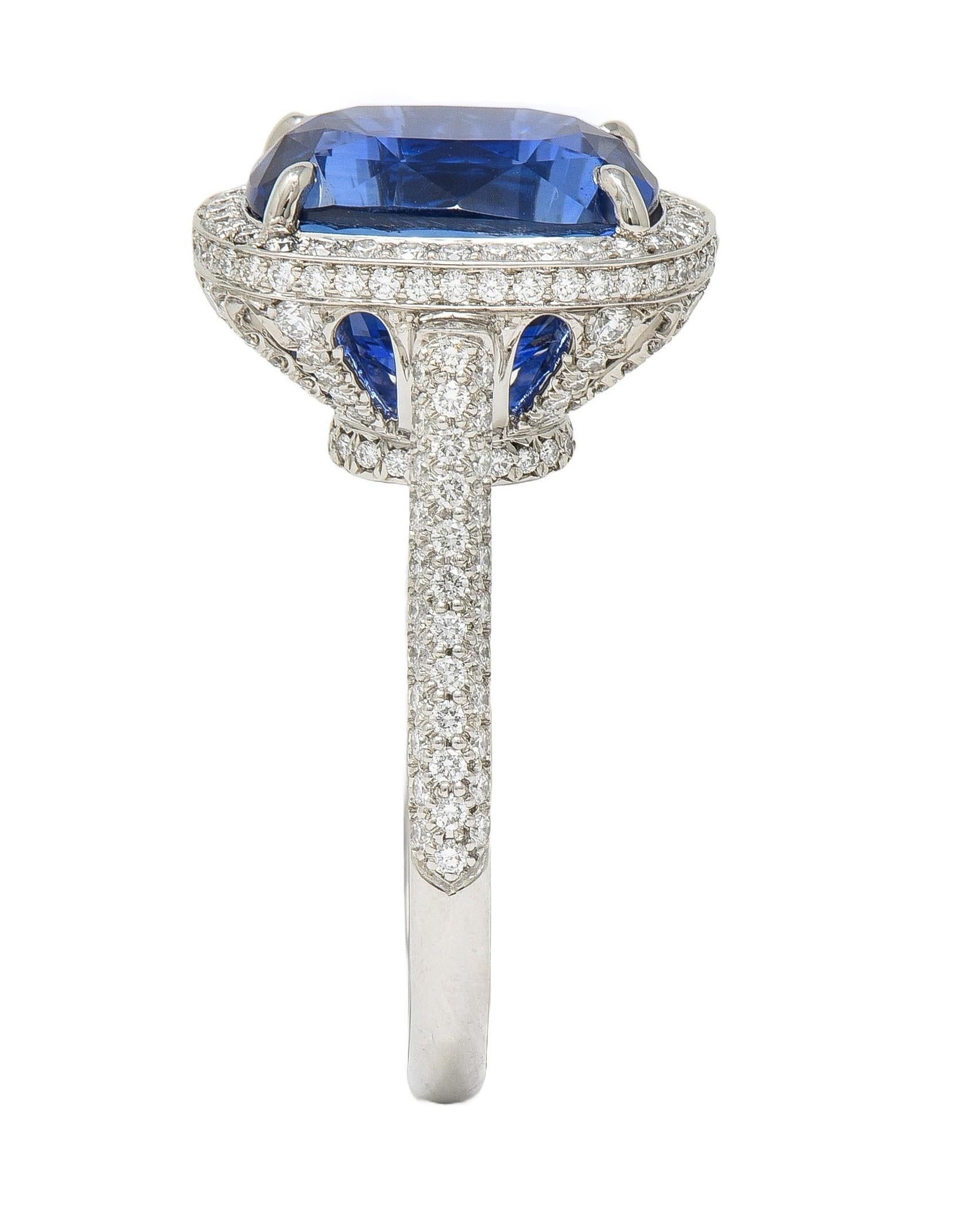 Tiffany & Co. 9.08 CTW Cushion Cut Blue Sapphire Diamond Platinum Halo Ring AGL For Sale 9