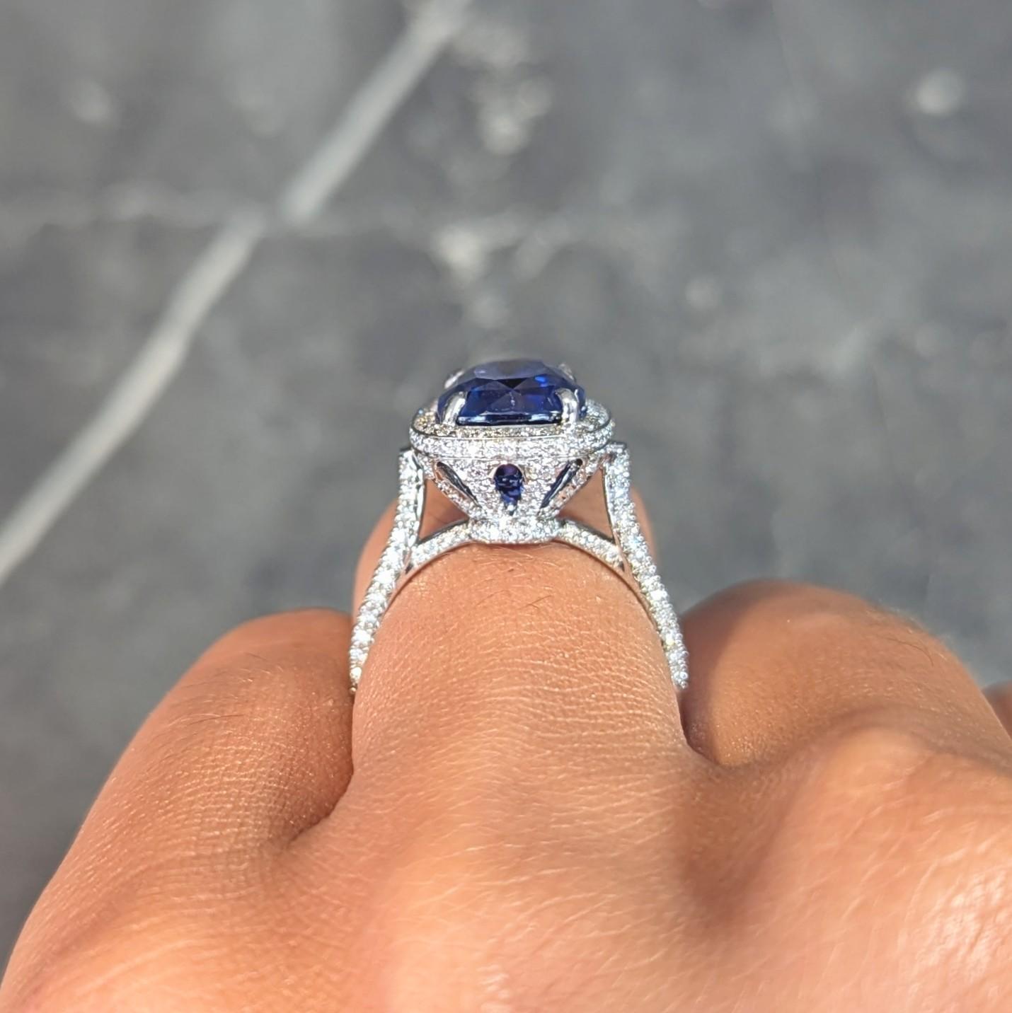 Tiffany & Co. 9.08 CTW Cushion Cut Blue Sapphire Diamond Platinum Halo Ring AGL For Sale 12