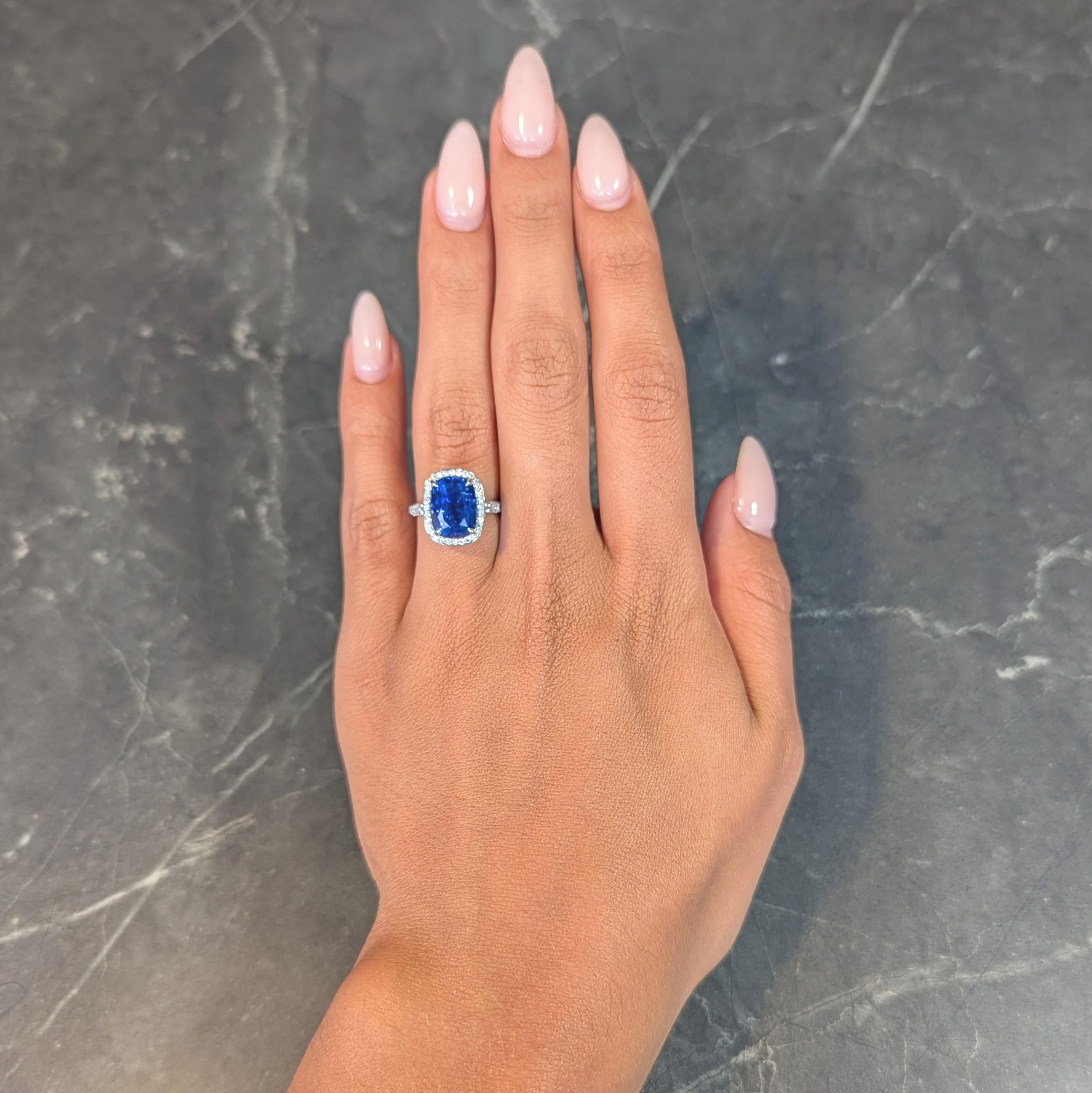 Tiffany & Co. 9.08 CTW Cushion Cut Blue Sapphire Diamond Platinum Halo Ring AGL In Excellent Condition For Sale In Philadelphia, PA