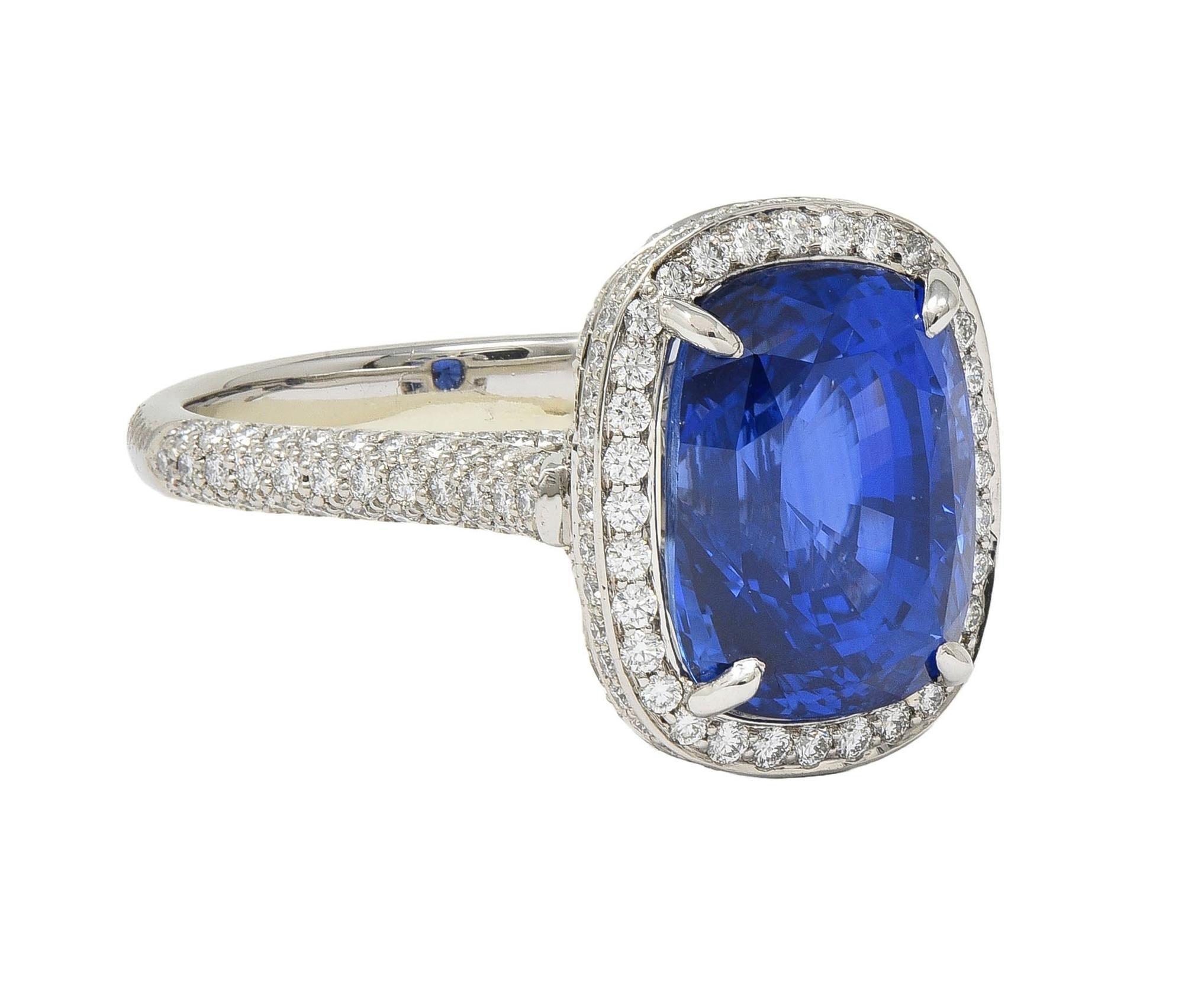 Women's Tiffany & Co. 9.08 CTW Cushion Cut Blue Sapphire Diamond Platinum Halo Ring AGL For Sale