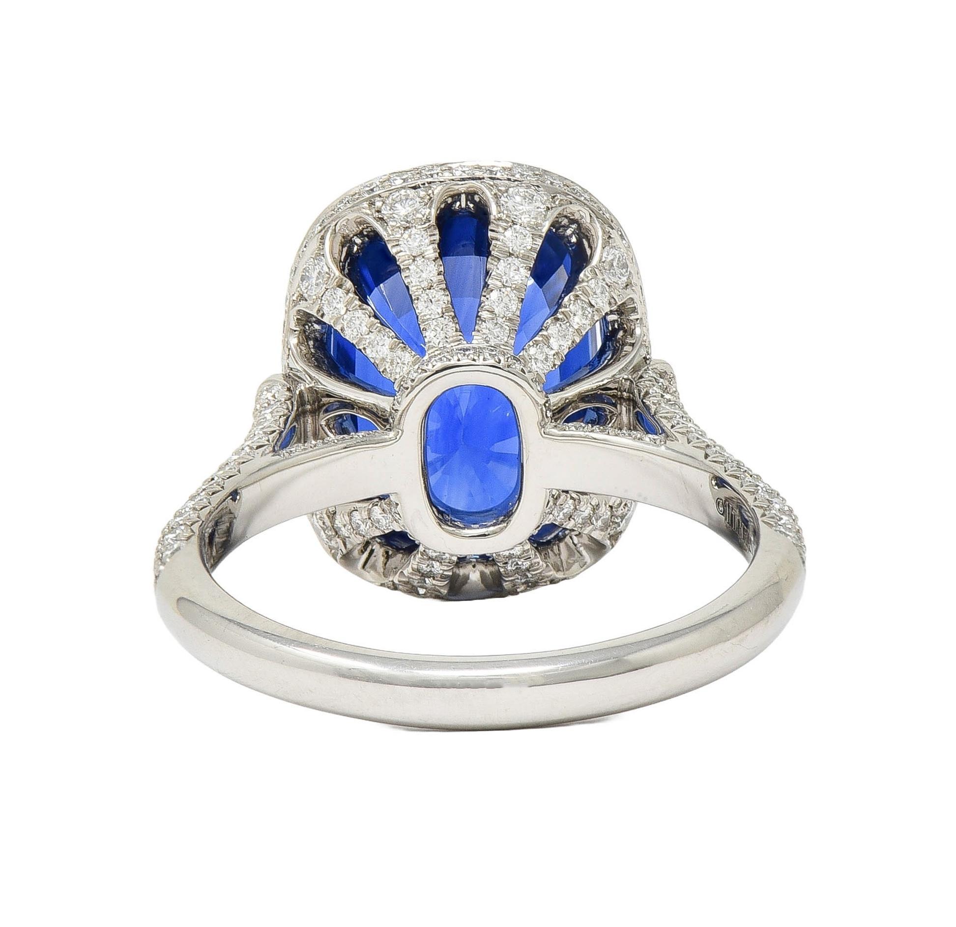 Tiffany & Co. 9.08 CTW Cushion Cut Blue Sapphire Diamond Platinum Halo Ring AGL For Sale 2