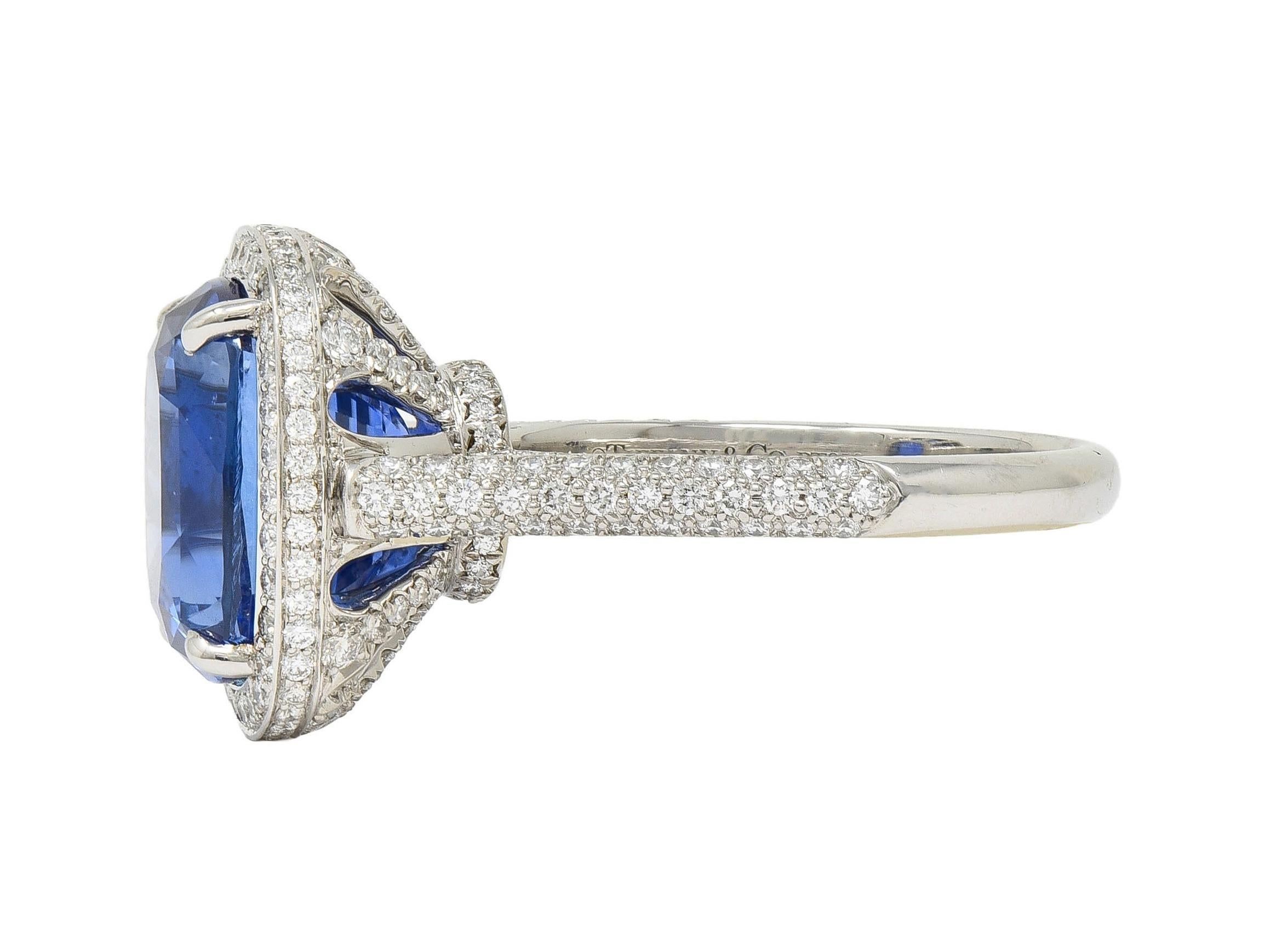 Tiffany & Co. 9.08 CTW Cushion Cut Blue Sapphire Diamond Platinum Halo Ring AGL For Sale 3