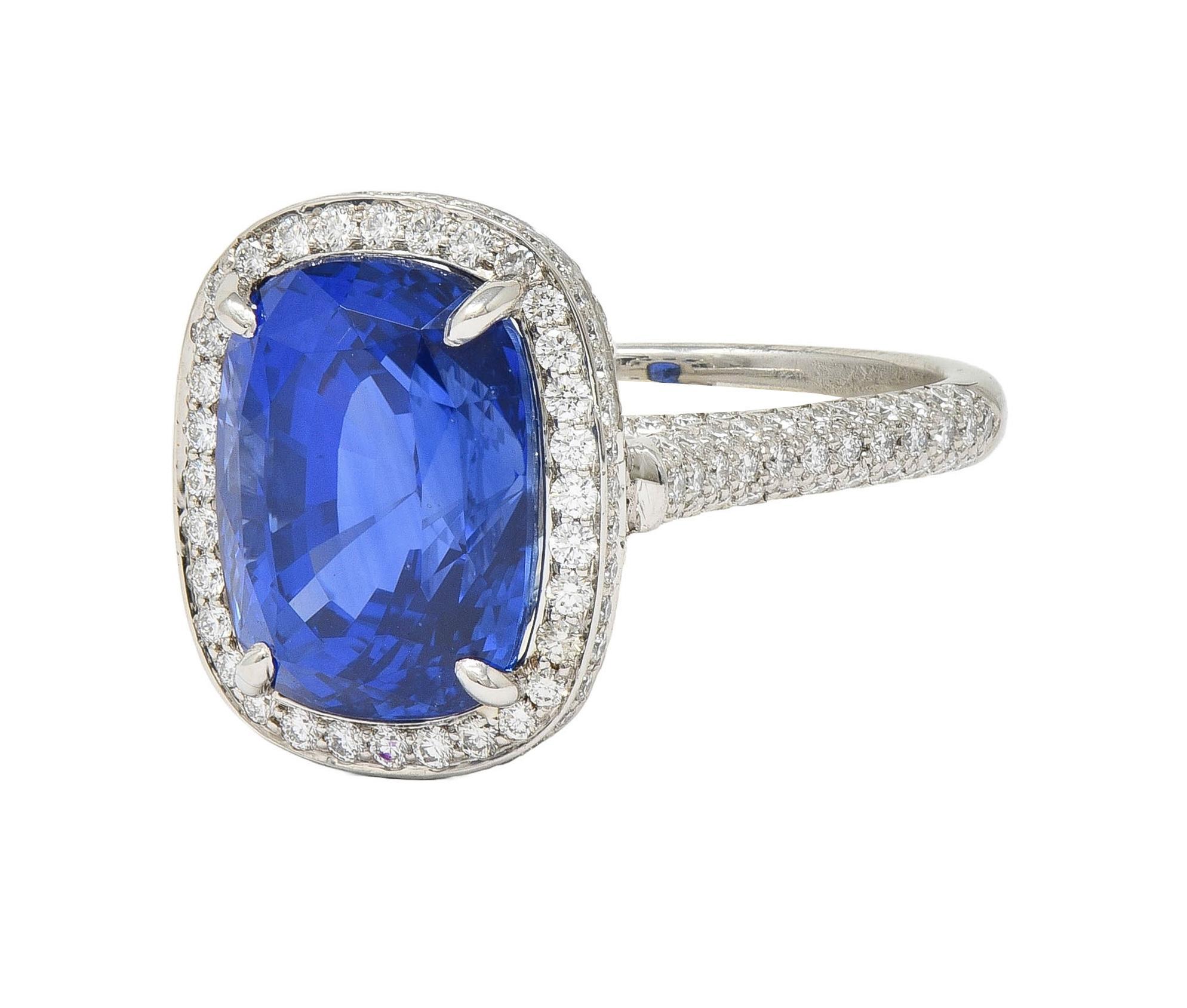 Tiffany & Co. 9.08 CTW Cushion Cut Blue Sapphire Diamond Platinum Halo Ring AGL For Sale 4