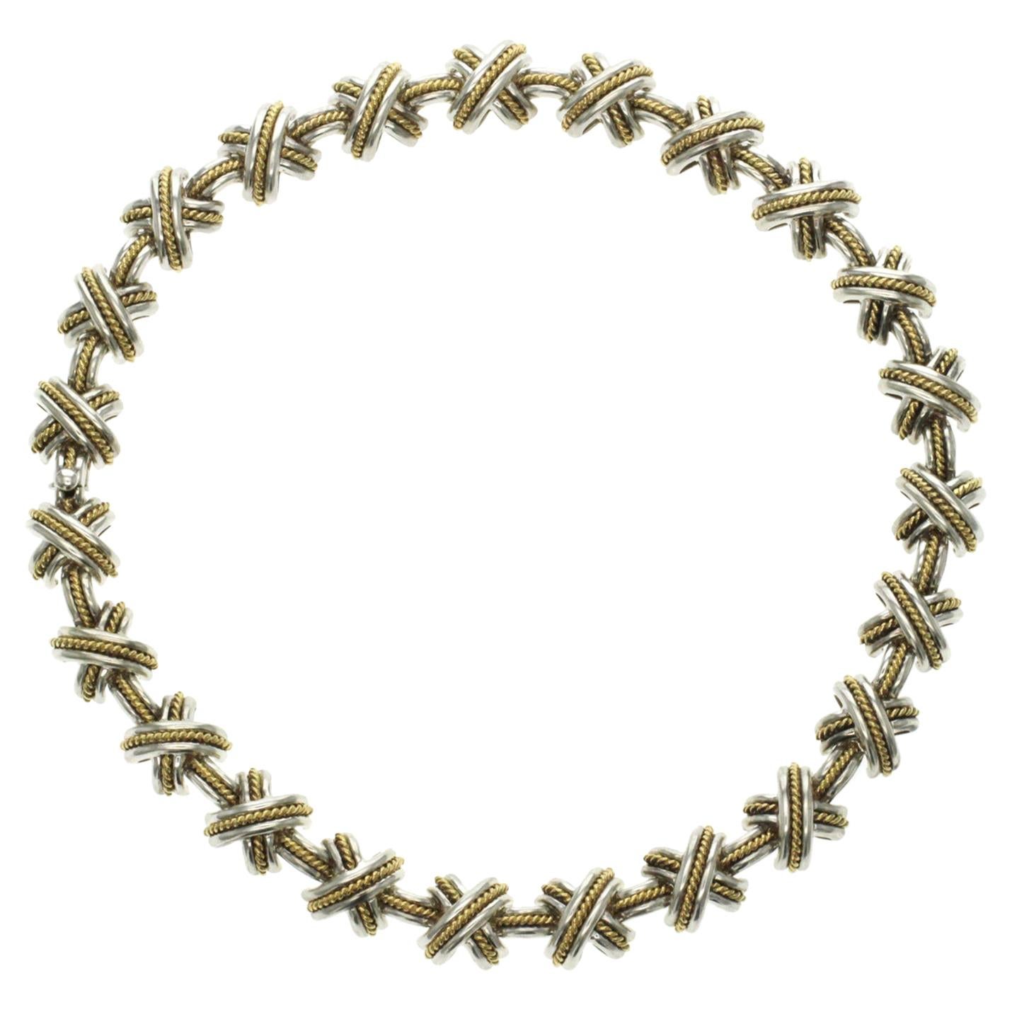 Tiffany & Co. 925 Silver 18k Yellow Gold Signature X Crossover Link Necklace