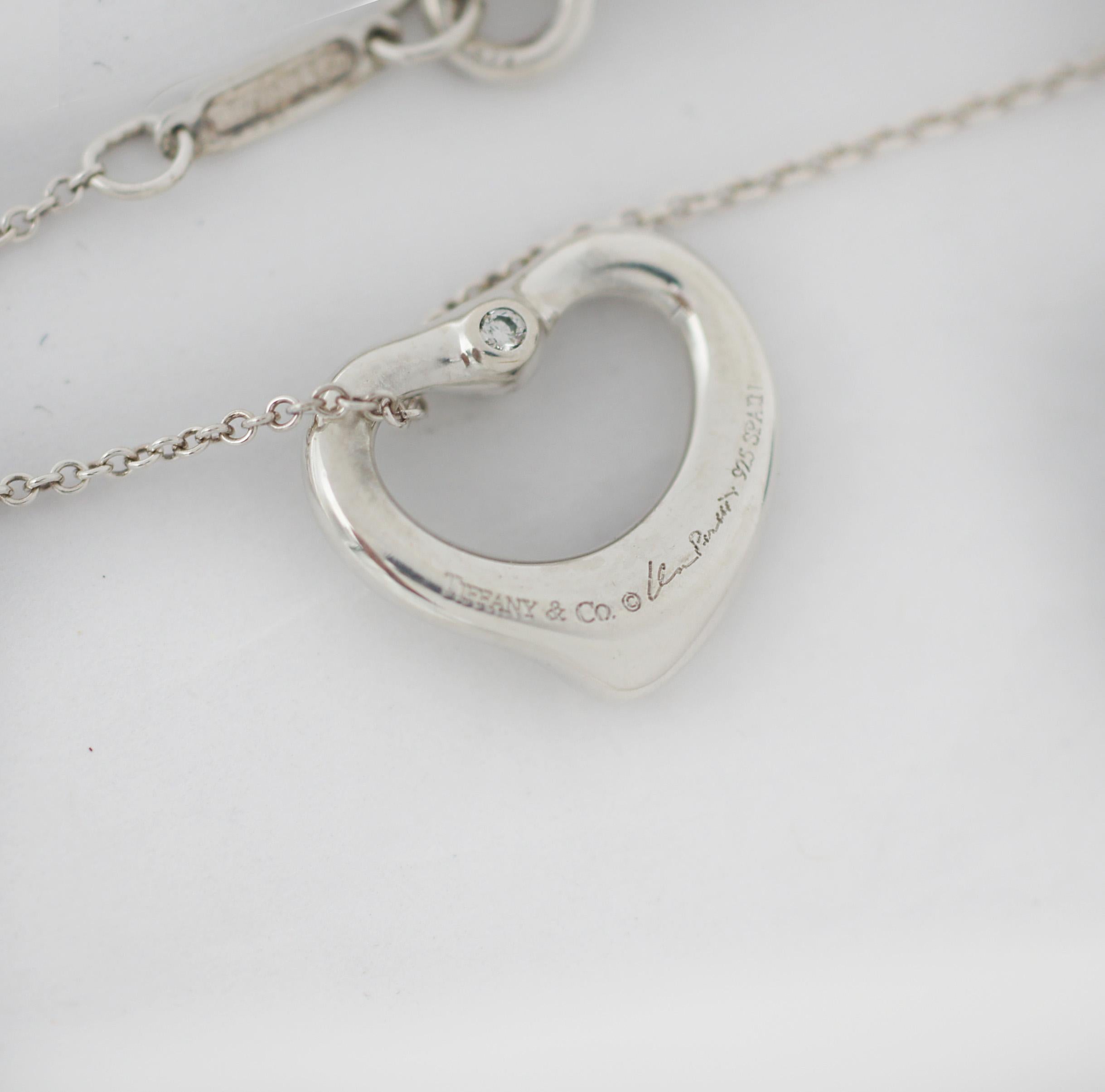 Tiffany & Co. 925 Silver Diamond Open Heart Necklace In Good Condition In San Fernando, CA
