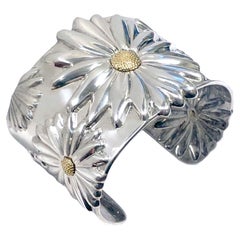 Tiffany & Co. 925 Sterling and 18k Gold Wide Daisy Cuff Bracelet