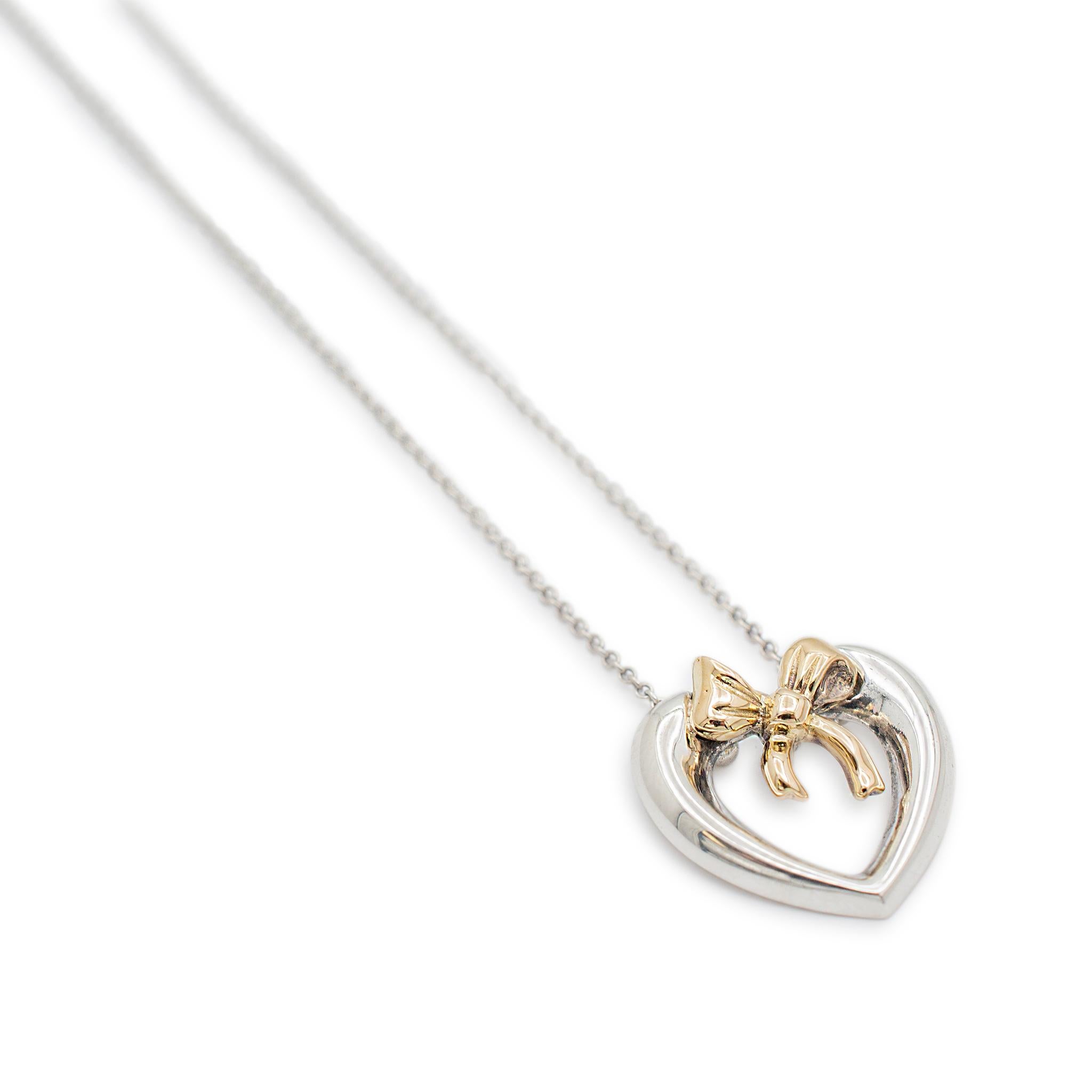 Tiffany & Co. 925 Sterling Silver & 14K Yellow Gold Bow Ribbon Heart Necklace For Sale 1