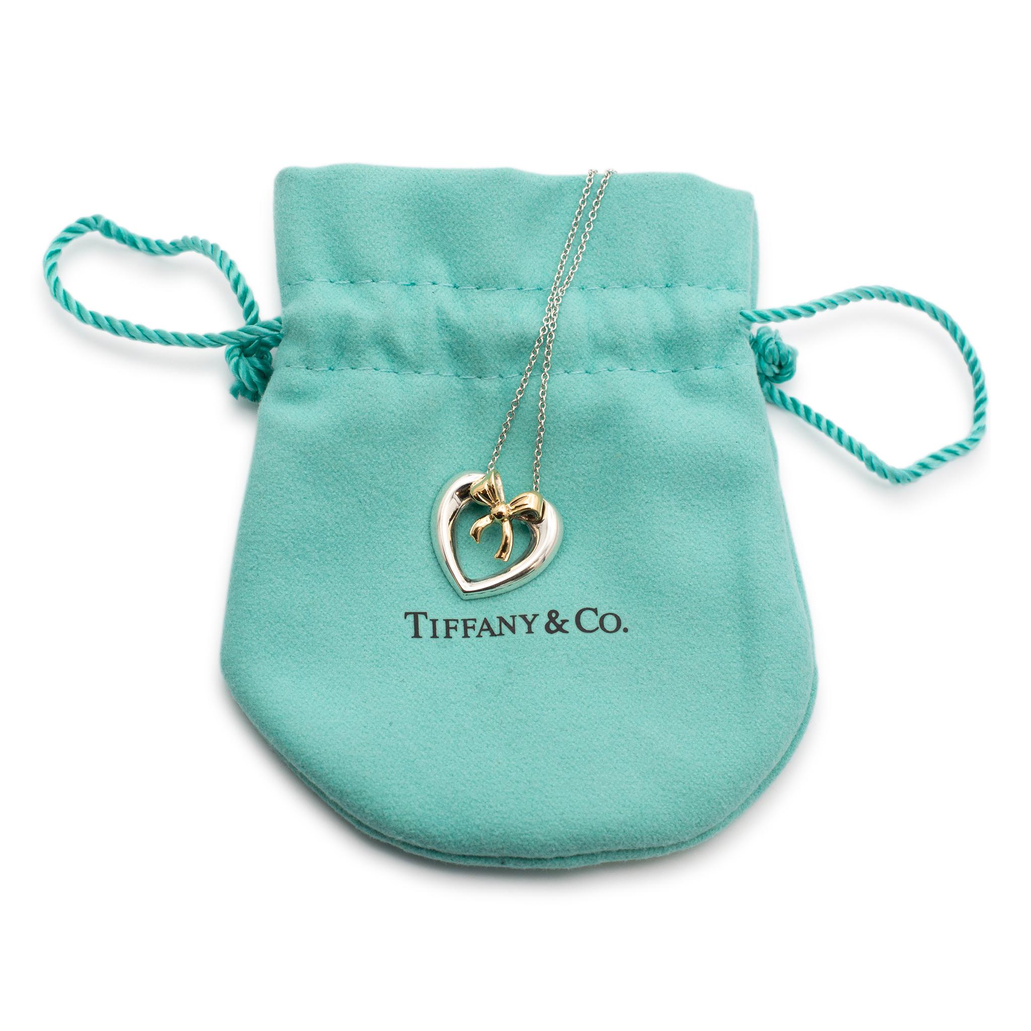 Tiffany & Co. 925 Sterling Silver & 14K Yellow Gold Bow Ribbon Heart Necklace For Sale 3