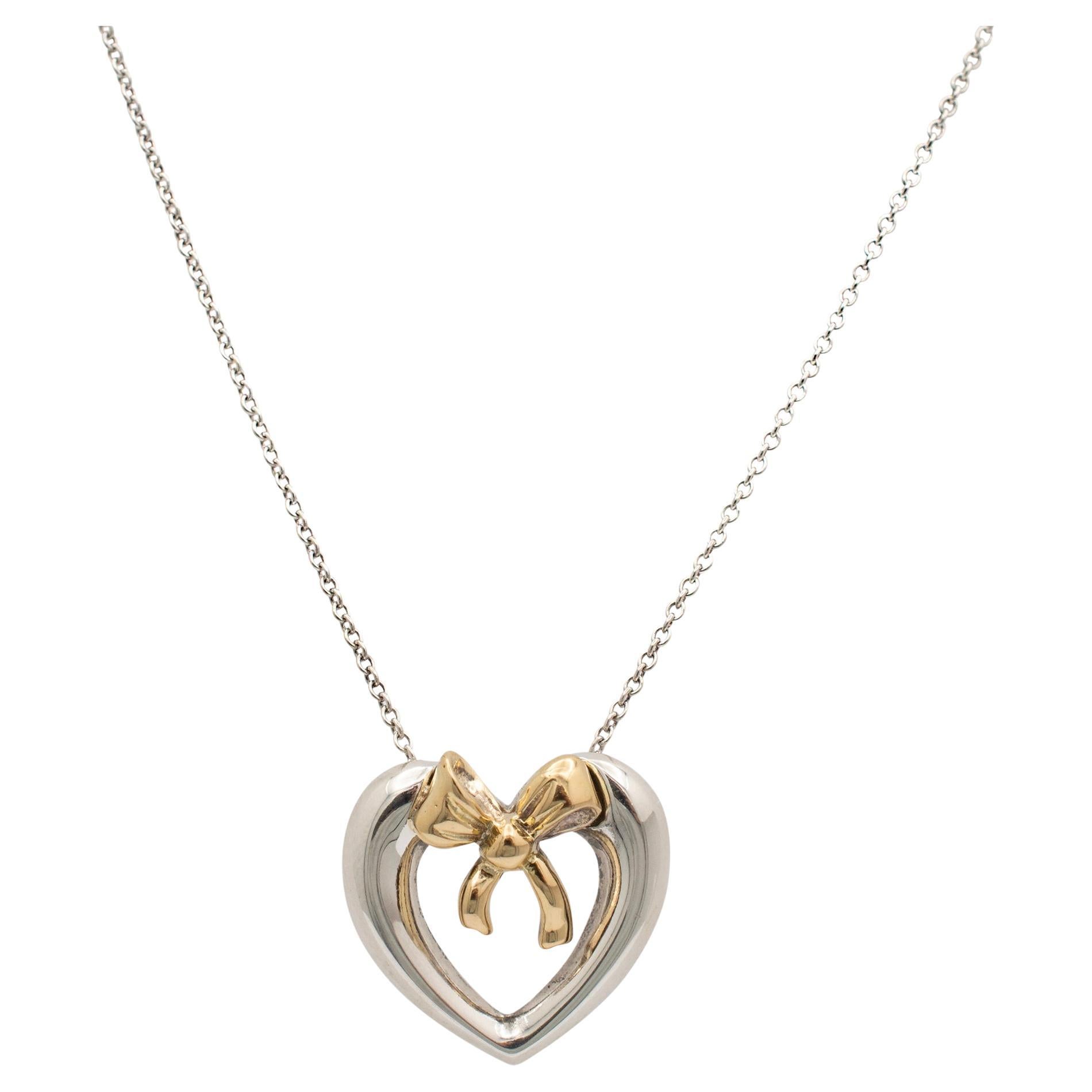 Tiffany & Co. 925 Sterling Silver & 14K Yellow Gold Bow Ribbon Heart Necklace For Sale