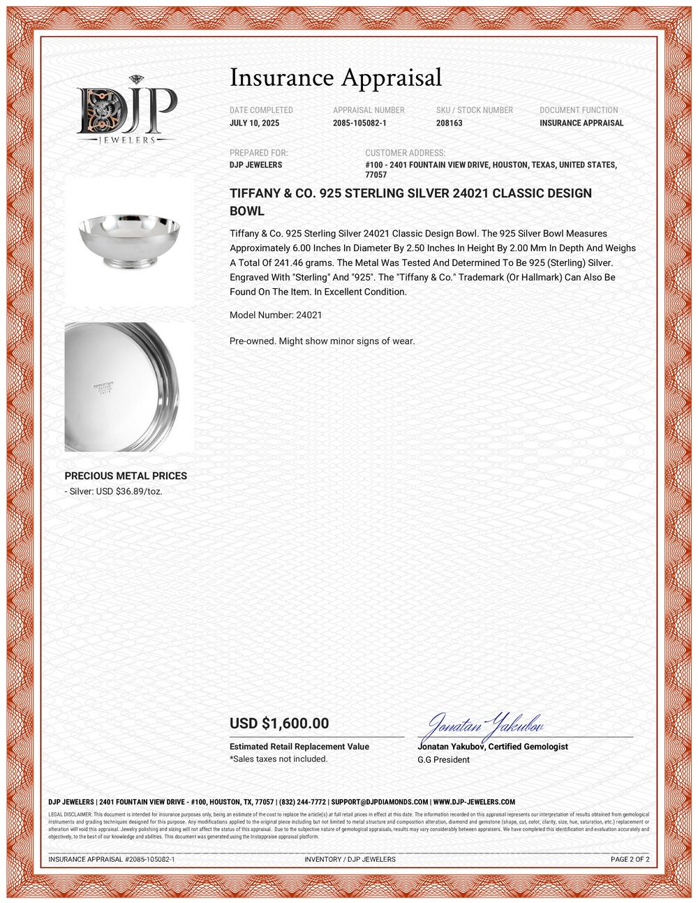 Ciotola in argento 925 A. Silver 24021 Classic Design di Tiffany & Co. in vendita 1