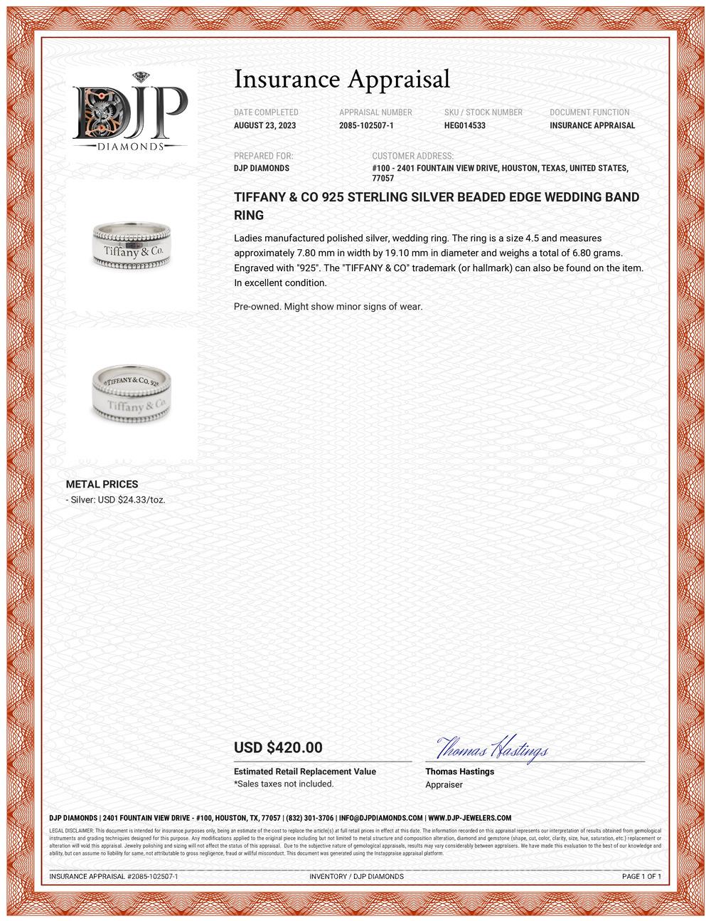 Alliance Tiffany & Co. 925 en argent sterling à bords perlés en vente 4