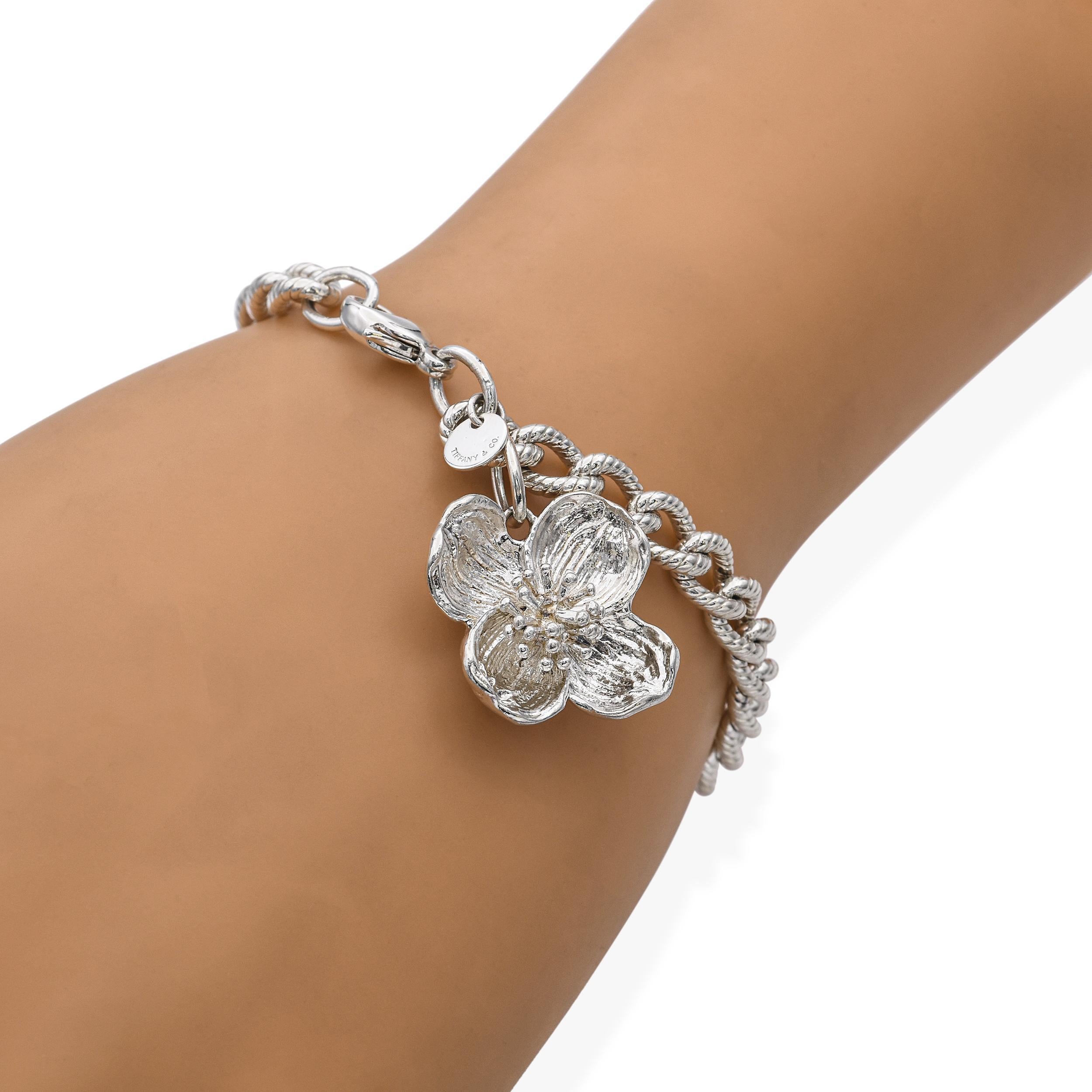 Tiffany & Co. 925 Sterling Silver Dogwood Flower Charm Bracelet In Good Condition For Sale In New York, NY