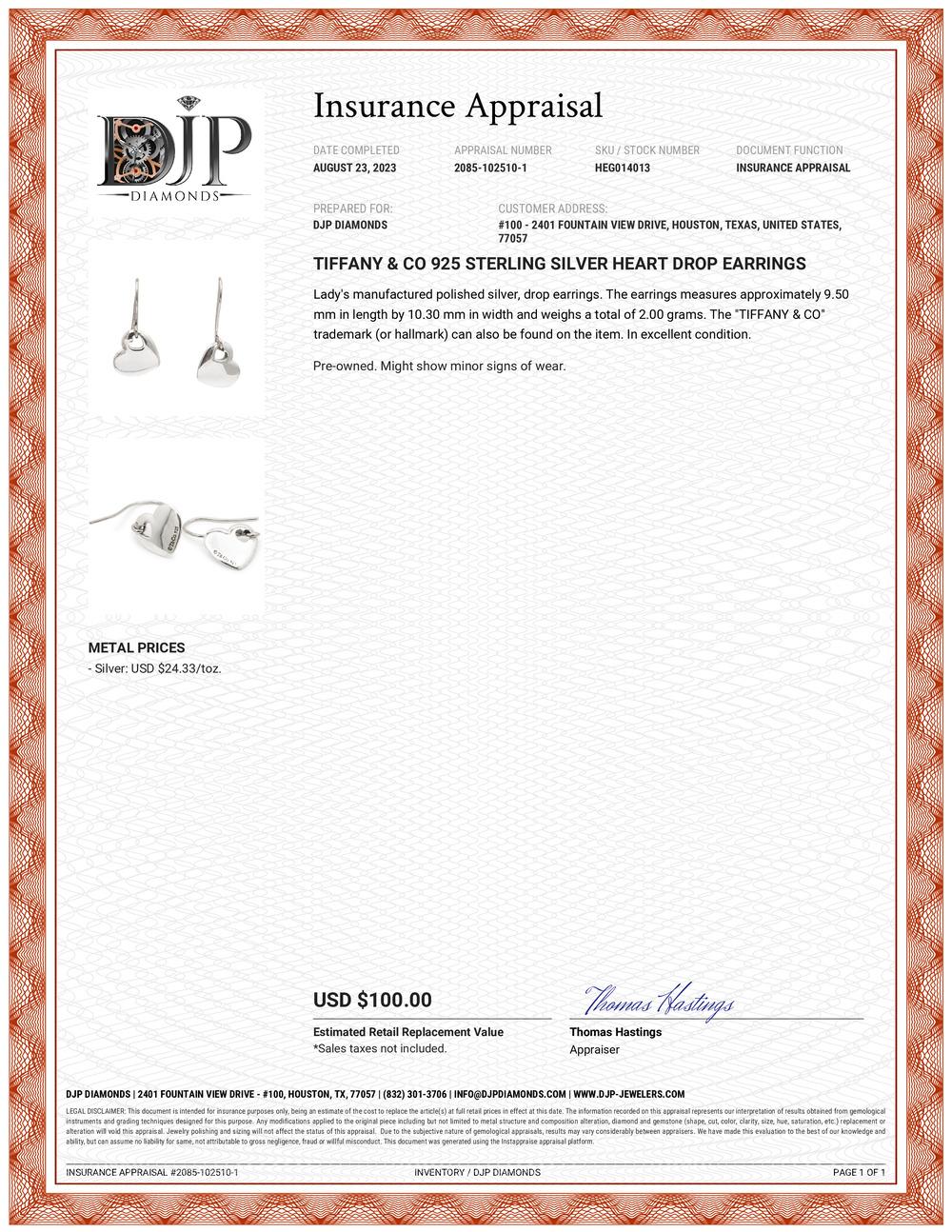 Tiffany & Co. 925 Sterling Silber Herz Ohrringe Tropfen 2