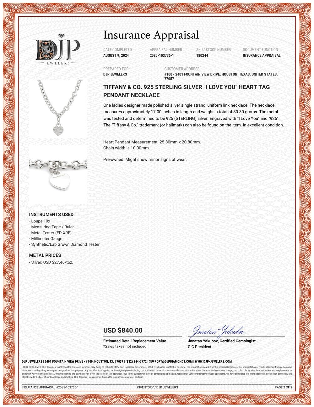 Tiffany & Co. 925 Sterlingsilber I Love You Heart Tag-Anhänger-Halskette 7