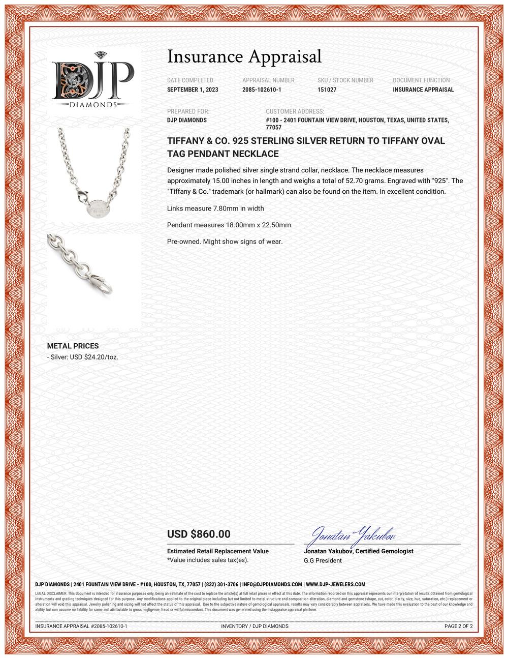 Tiffany & Co. 925 Sterlingsilber-Halskette mit ovalem Tag-Anhänger 3