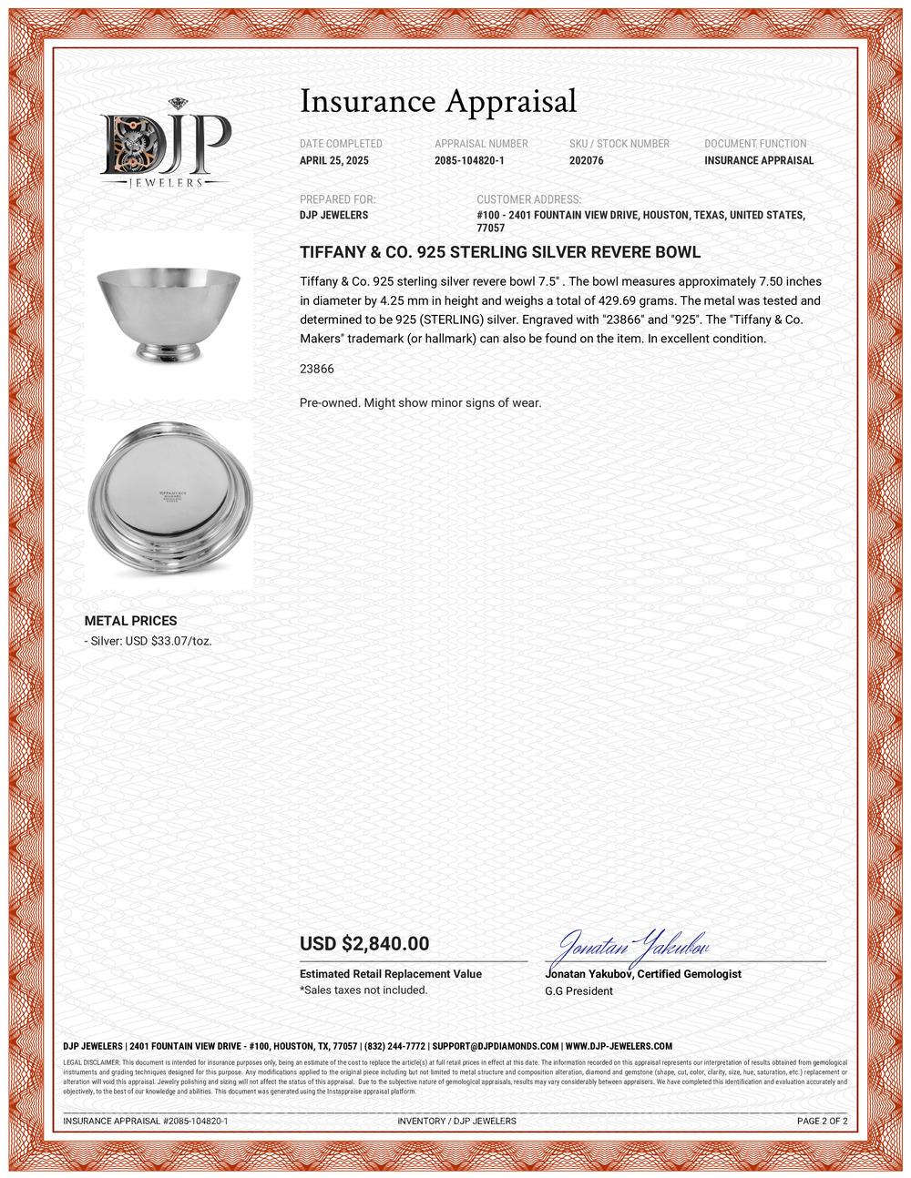 Bol Revere de Tiffany & Co. 925 en argent sterling Unisexe en vente