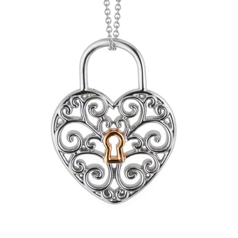 Round Cut Tiffany & Co .95 Carat Diamond Platinum Rose Gold Heart Lock Pendant Necklace For Sale