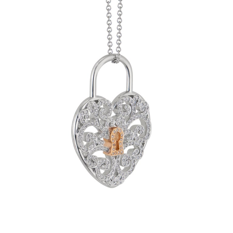 Women's Tiffany & Co .95 Carat Diamond Platinum Rose Gold Heart Lock Pendant Necklace For Sale