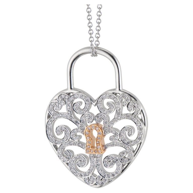 Tiffany & Co .95 Carat Diamond Platinum Rose Gold Heart Lock Pendant Necklace For Sale