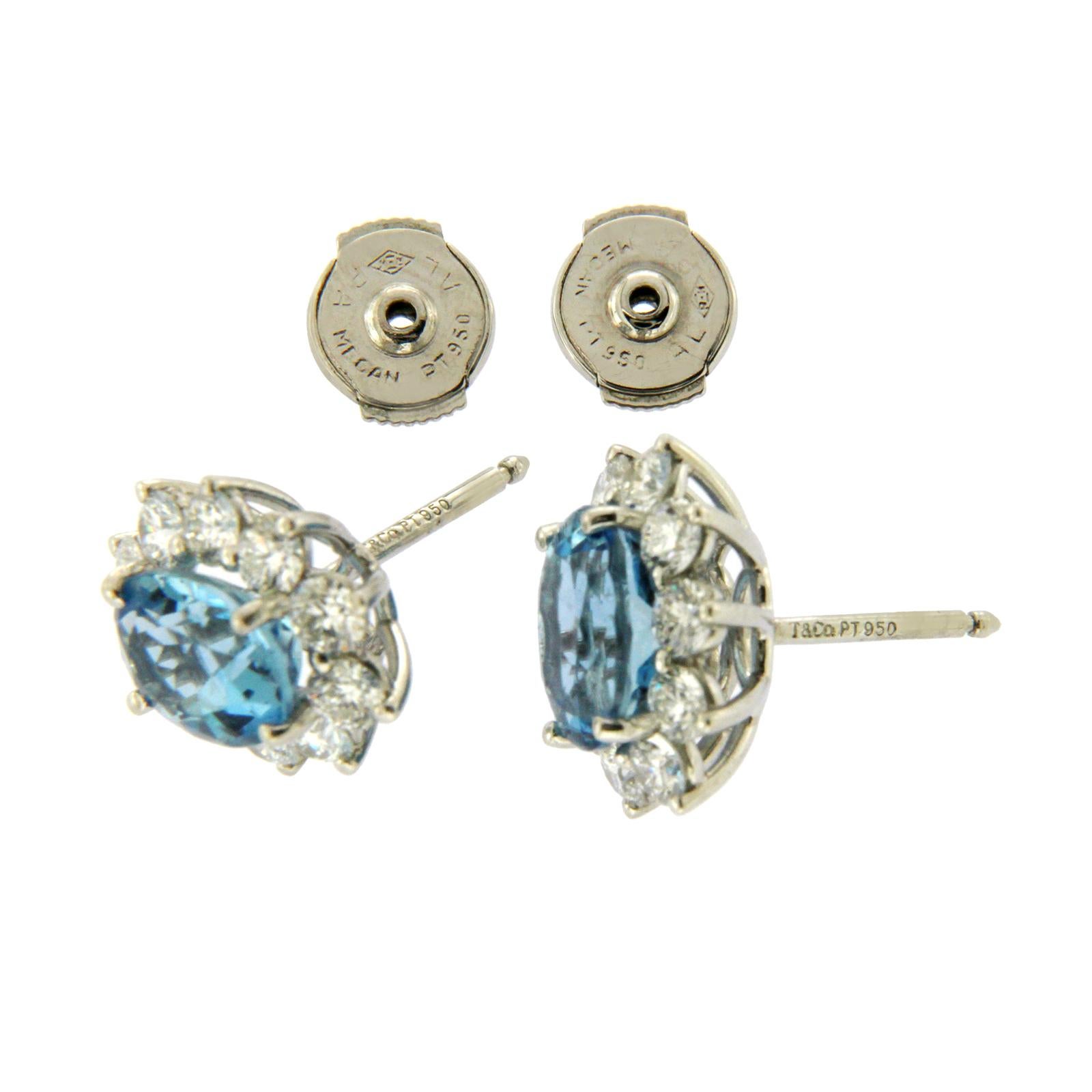 Tiffany & Co. 950 Platinum Aquamarines and Diamonds Stud Earrings 2