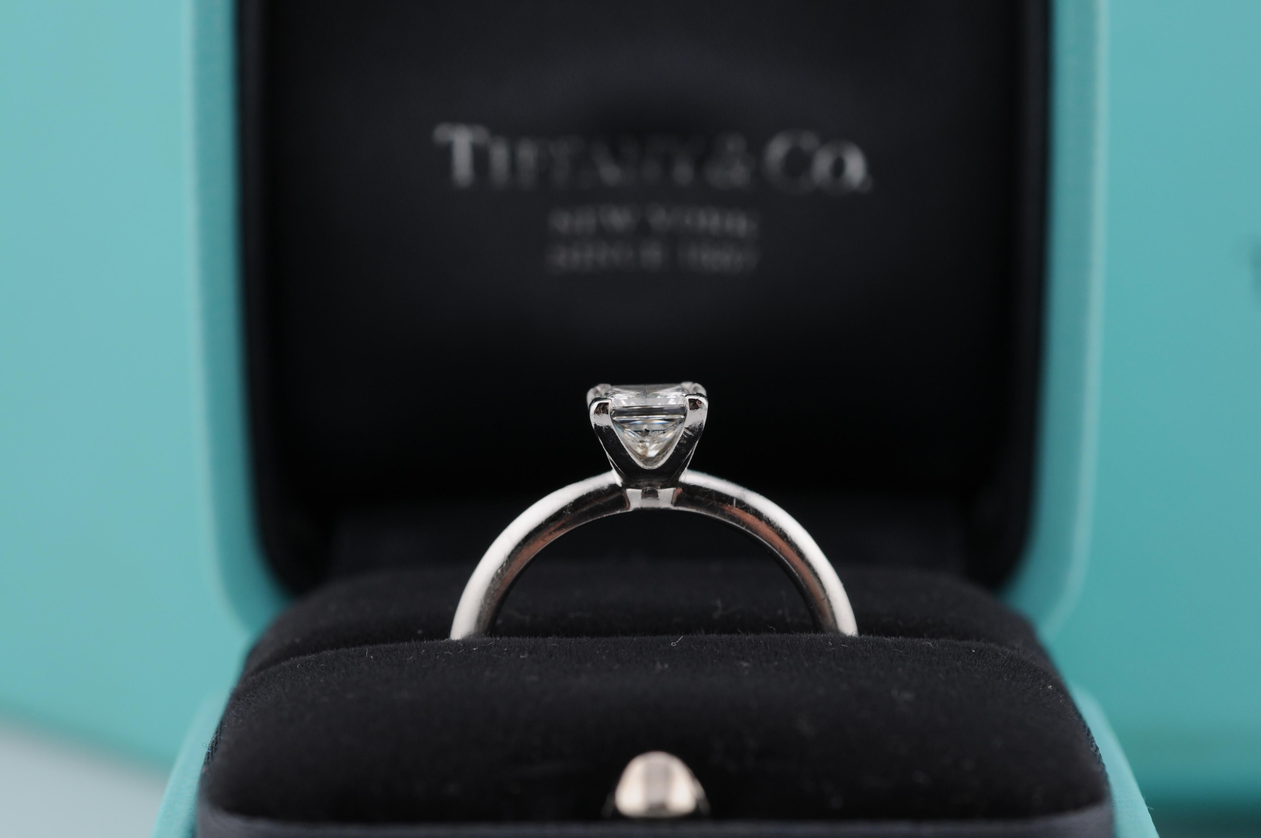 Aesthetic Movement Tiffany & Co. 950 Platinum Engagement Ring with 0.70ct Princess-Cut Diamond For Sale