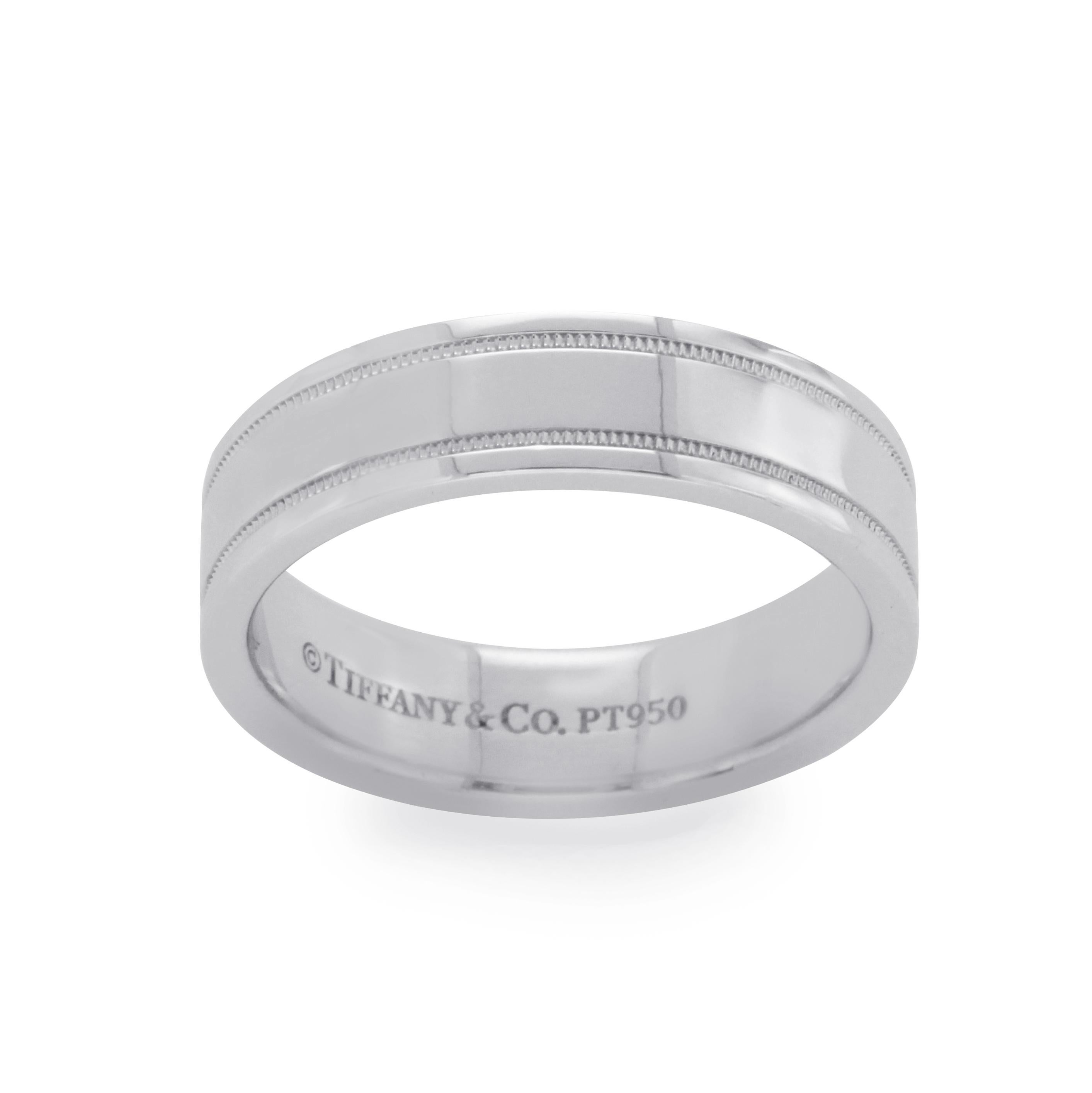 Type: Ring
Top: 6 mm 
Band Width: 6 mm
Metal: Platinum
Metal Purity: 950
Hallmarks: Tiffany & Co PT 950
Total Weight: 13 Gram
Size: 6.25
Stone Type: None 
Size: 6.25
Stock Number: U420