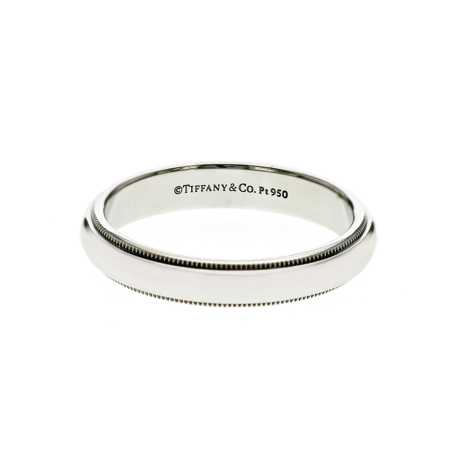 Women's or Men's Tiffany & Co. 959 Platinum Milgrain 4 mm Wedding Band Ring Size 10.5 For Sale