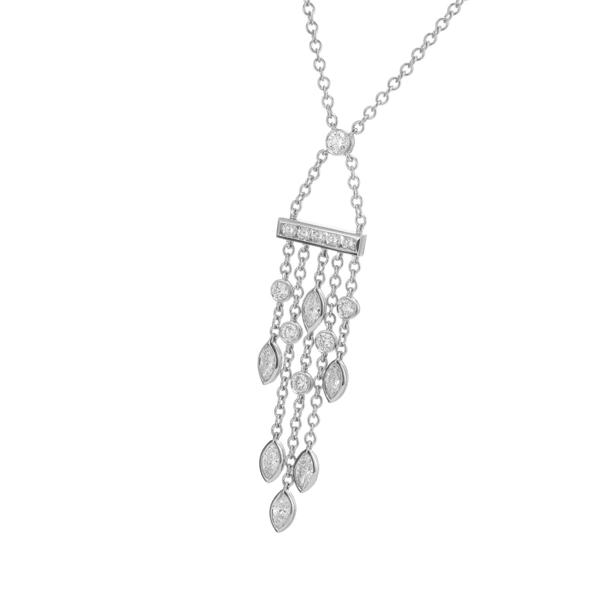 Tiffany & Co diamond pendant. 17 Marquise and round diamond dangles set in a platinum swing drop setting. 16 inch chain. length does not include pendant.

17 Marquise and round diamonds, approx. total weight .99cts, F, VS
Tiffany & Co cable chain: