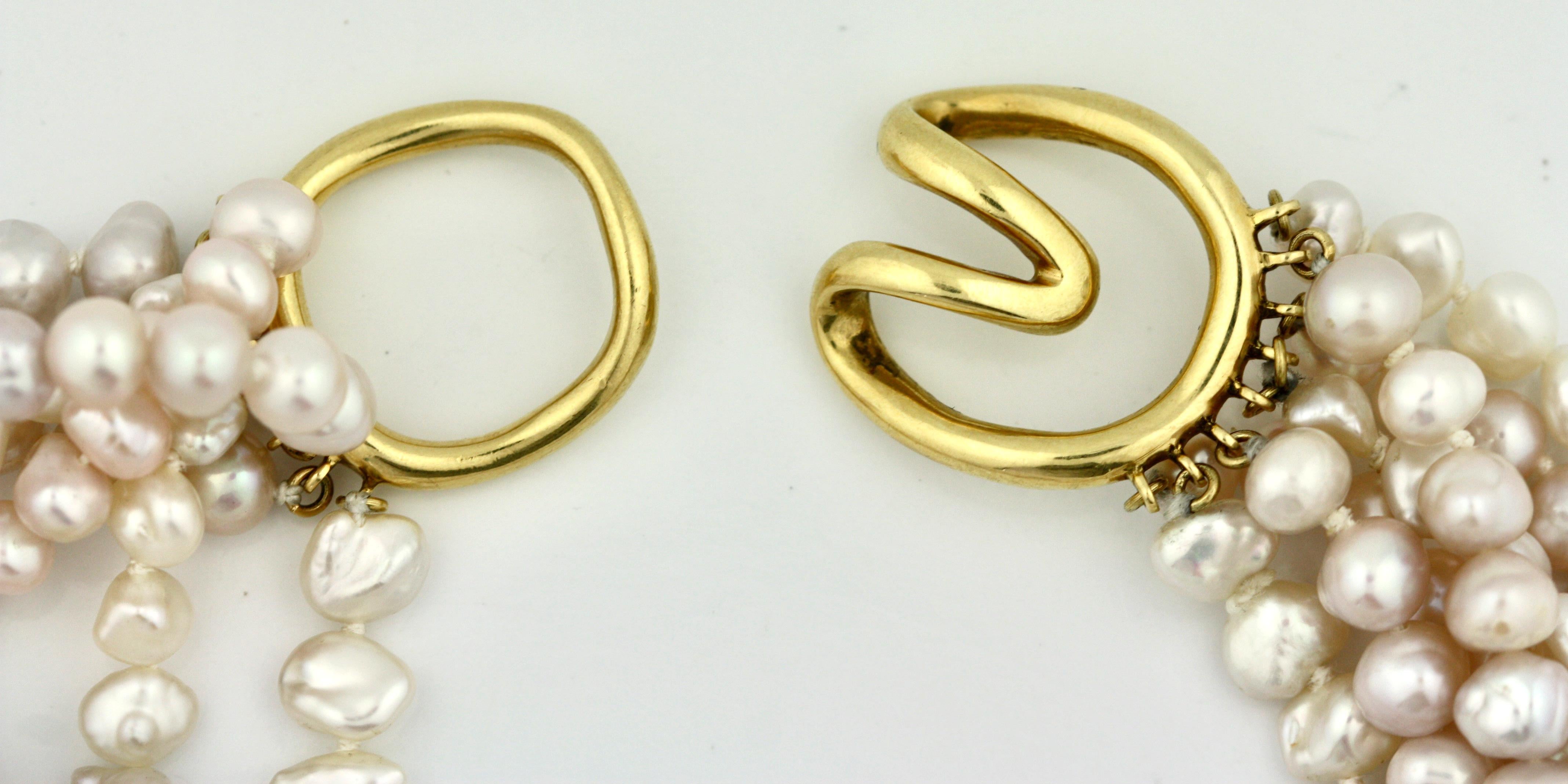 Round Cut Tiffany & Co. a Seven Strand Biwa Pearl Torsade Necklace, 18kt Gold