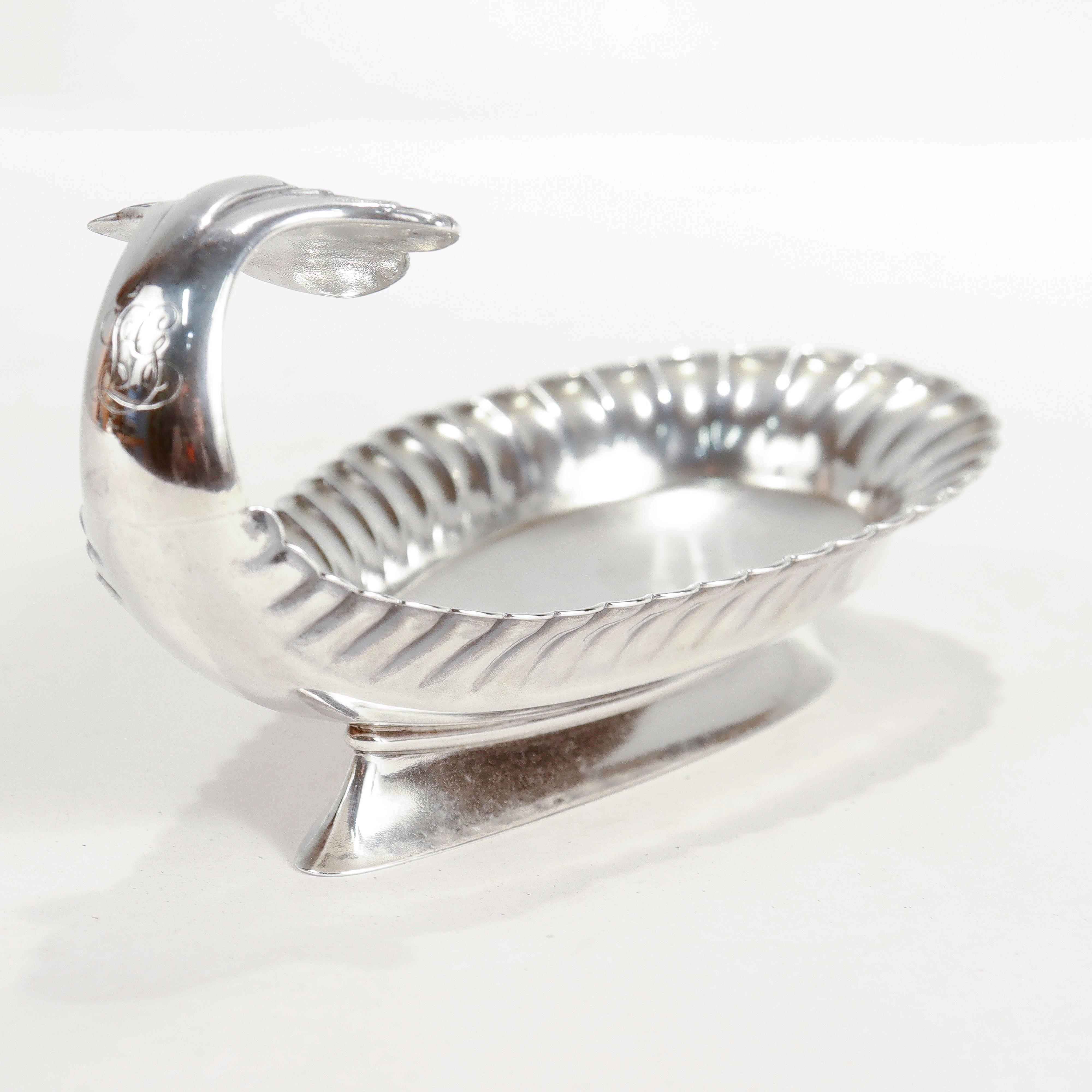 Women's or Men's Tiffany & Co. Aesthetic Sterling Silver Stylized Peacock Tail Footed Bonbon Dish For Sale