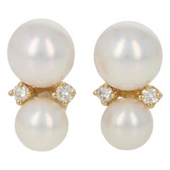 Vintage Tiffany & Co. Akoya Pearl & Diamond Earrings Yellow Gold, 18 Karat Pierced Studs