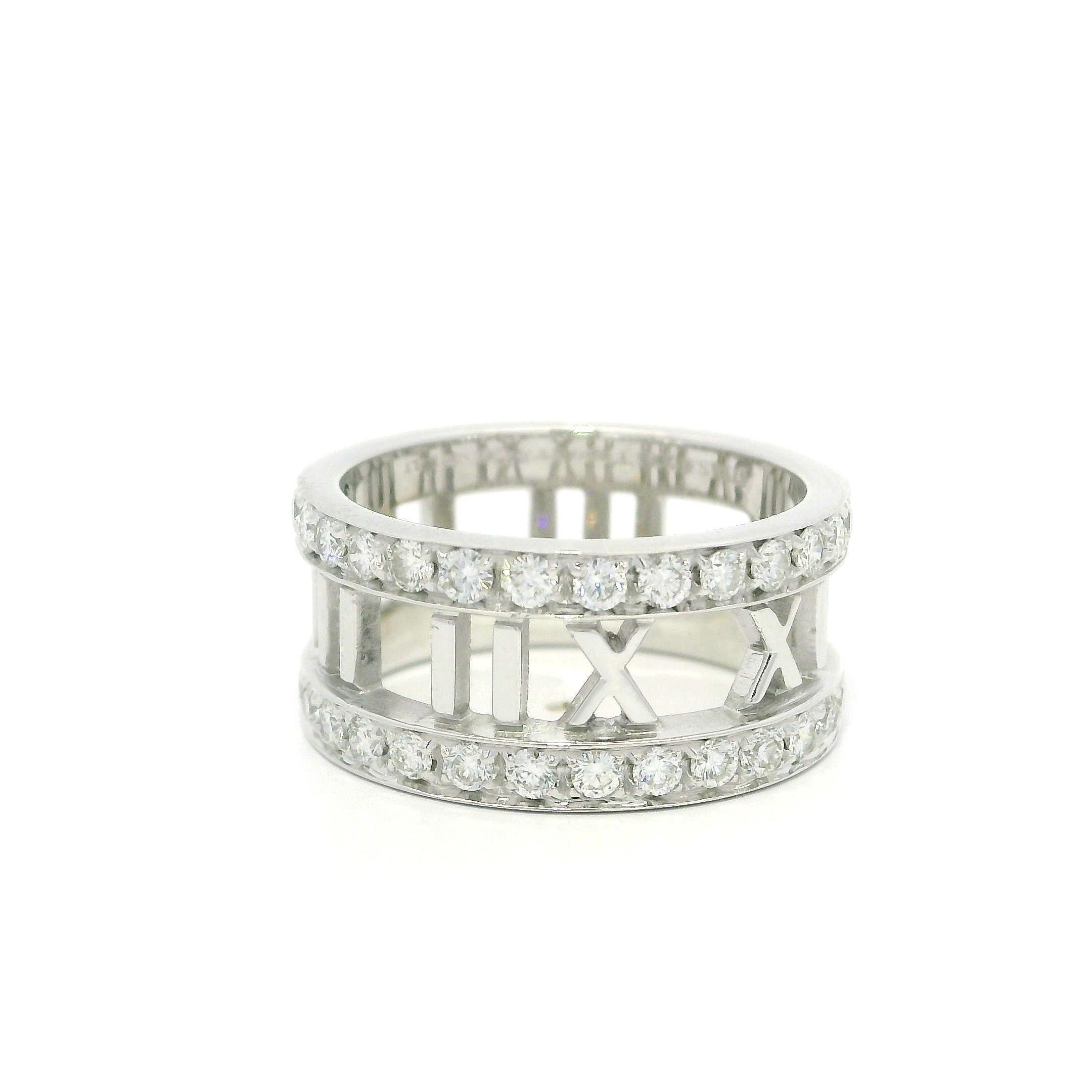 Women's Tiffany & Co. Altas 18k Gold Diamond Pierced Roman Numeral Wide Band Ring sz5 For Sale