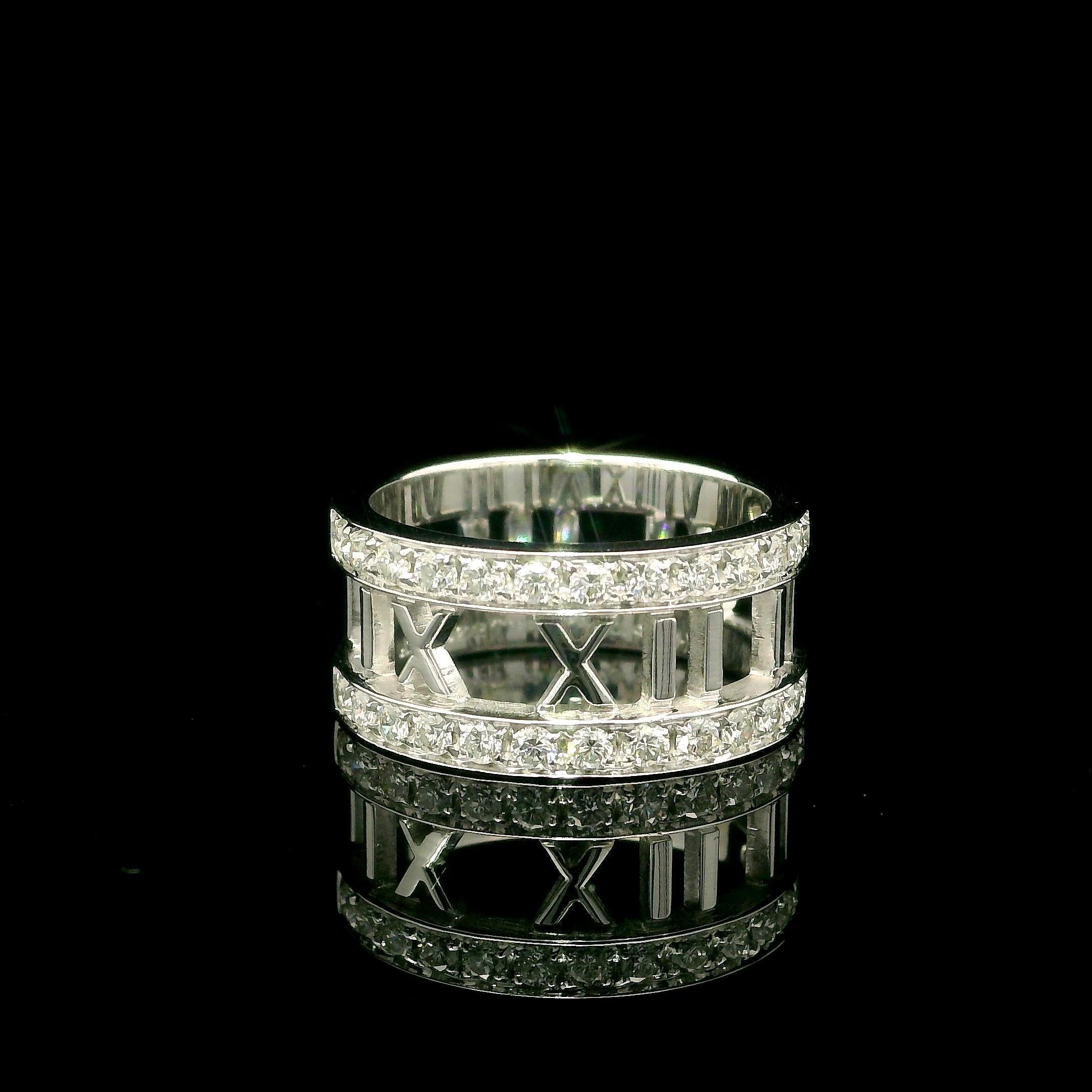 Tiffany & Co. Altas 18k Gold Diamond Pierced Roman Numeral Wide Band Ring sz5 For Sale 4