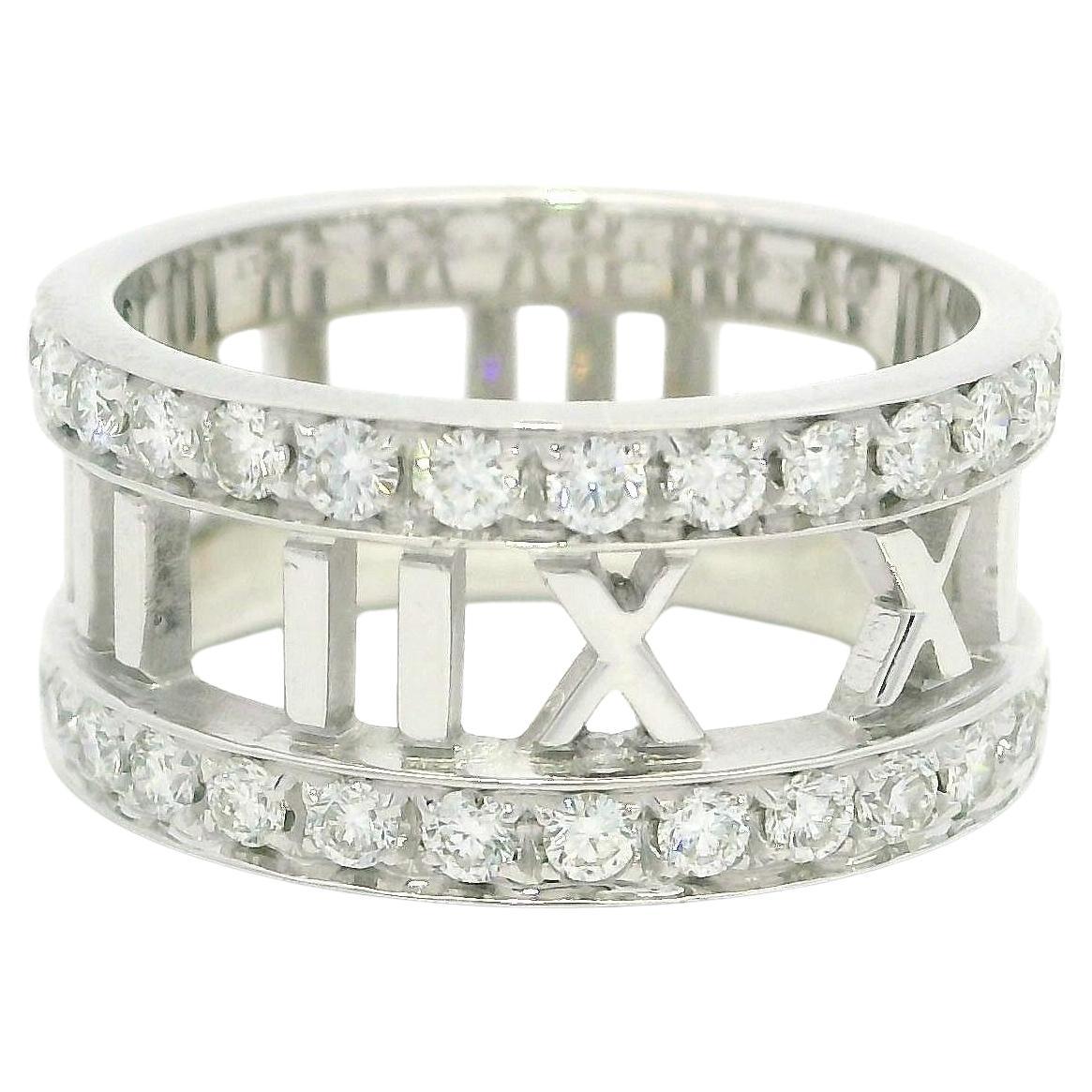 Tiffany & Co. Altas 18k Gold Diamond Pierced Roman Numeral Wide Band Ring sz5