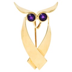 Tiffany & Co. Amethyst 14 Karat Yellow Gold Owl Brooch