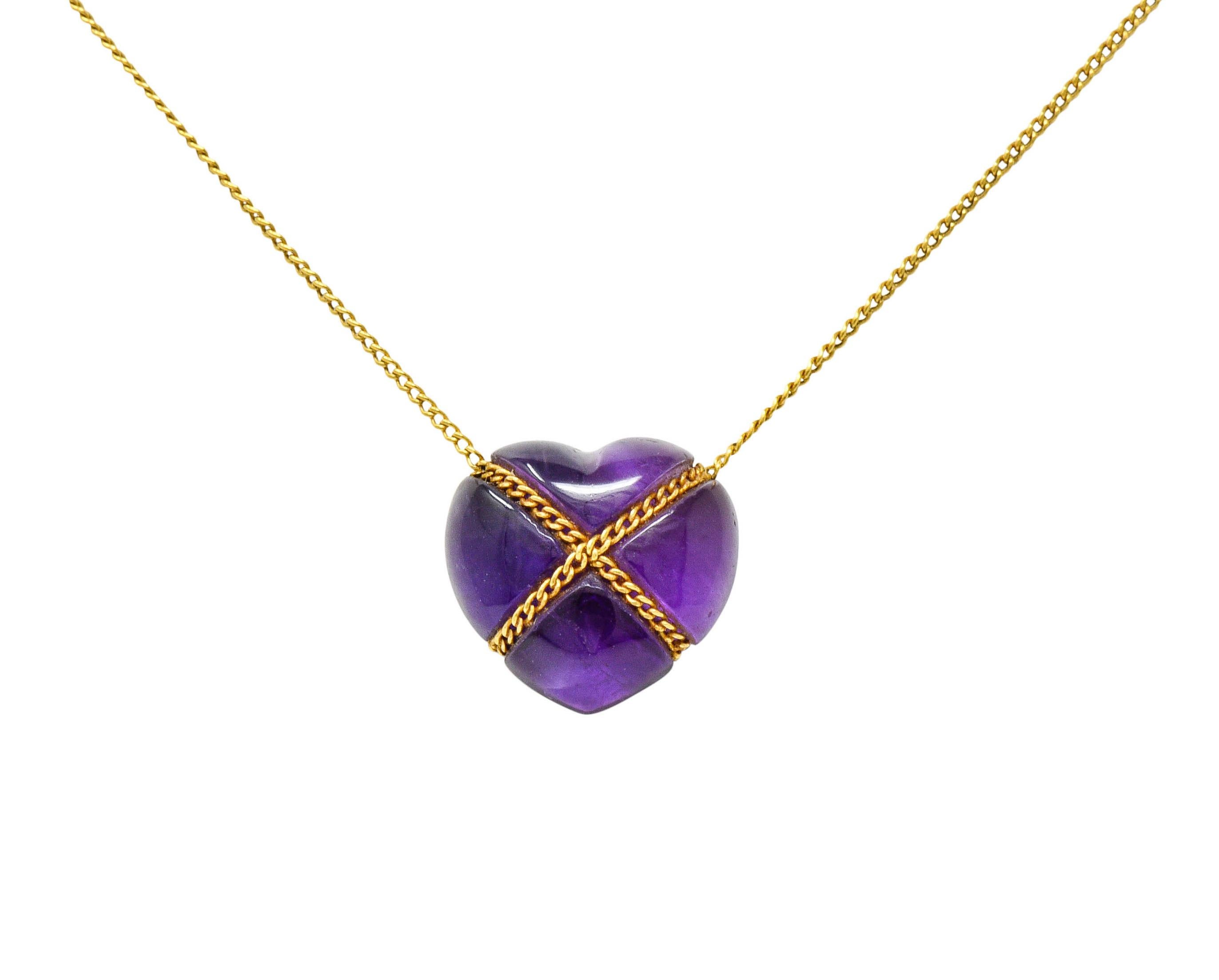 Tiffany & Co. Amethyst 18 Karat Gold Cross My Heart Necklace In Excellent Condition In Philadelphia, PA