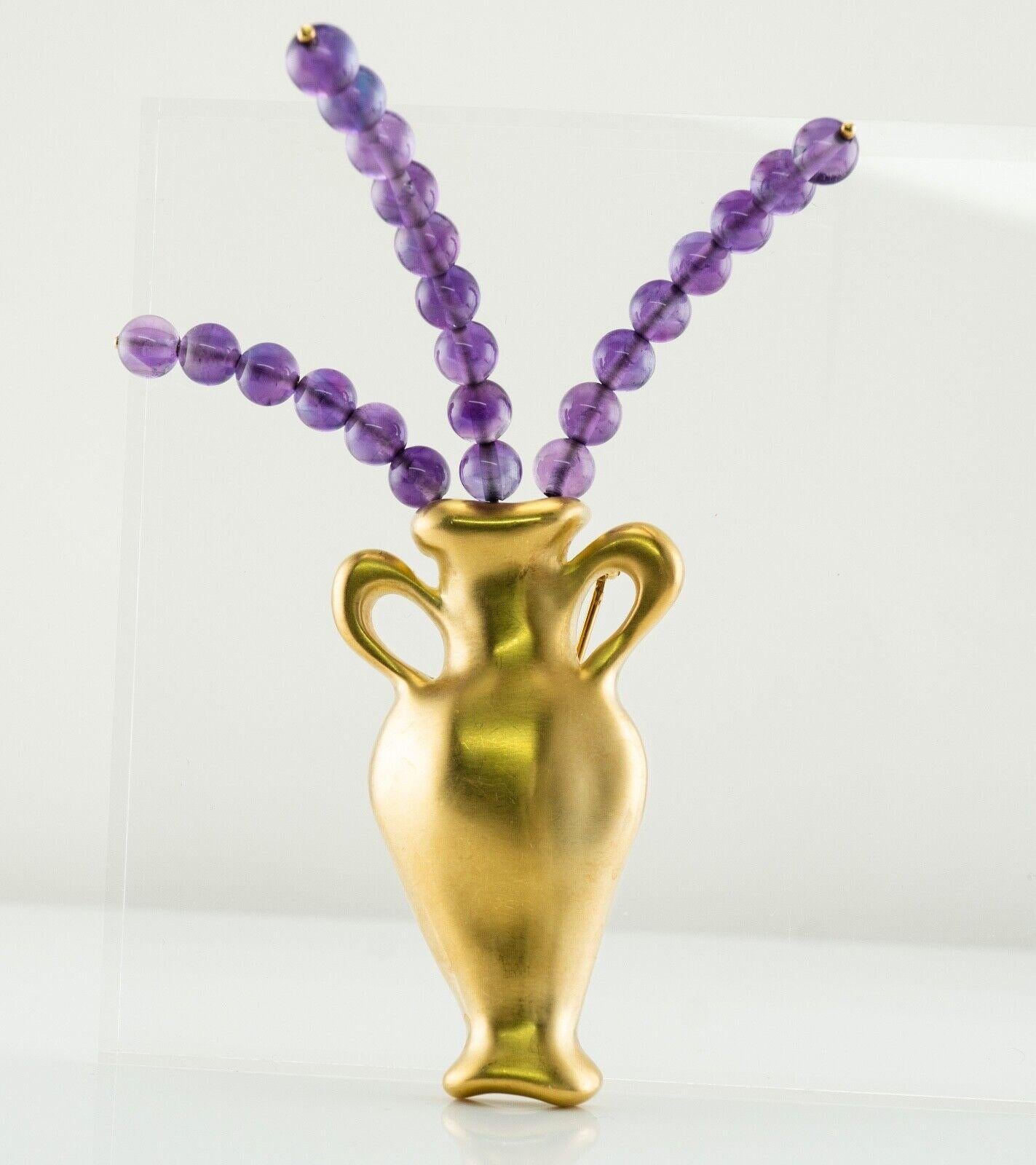 Cabochon Tiffany & Co Amethyst Brooch Pin Vase 18K Gold Vintage For Sale