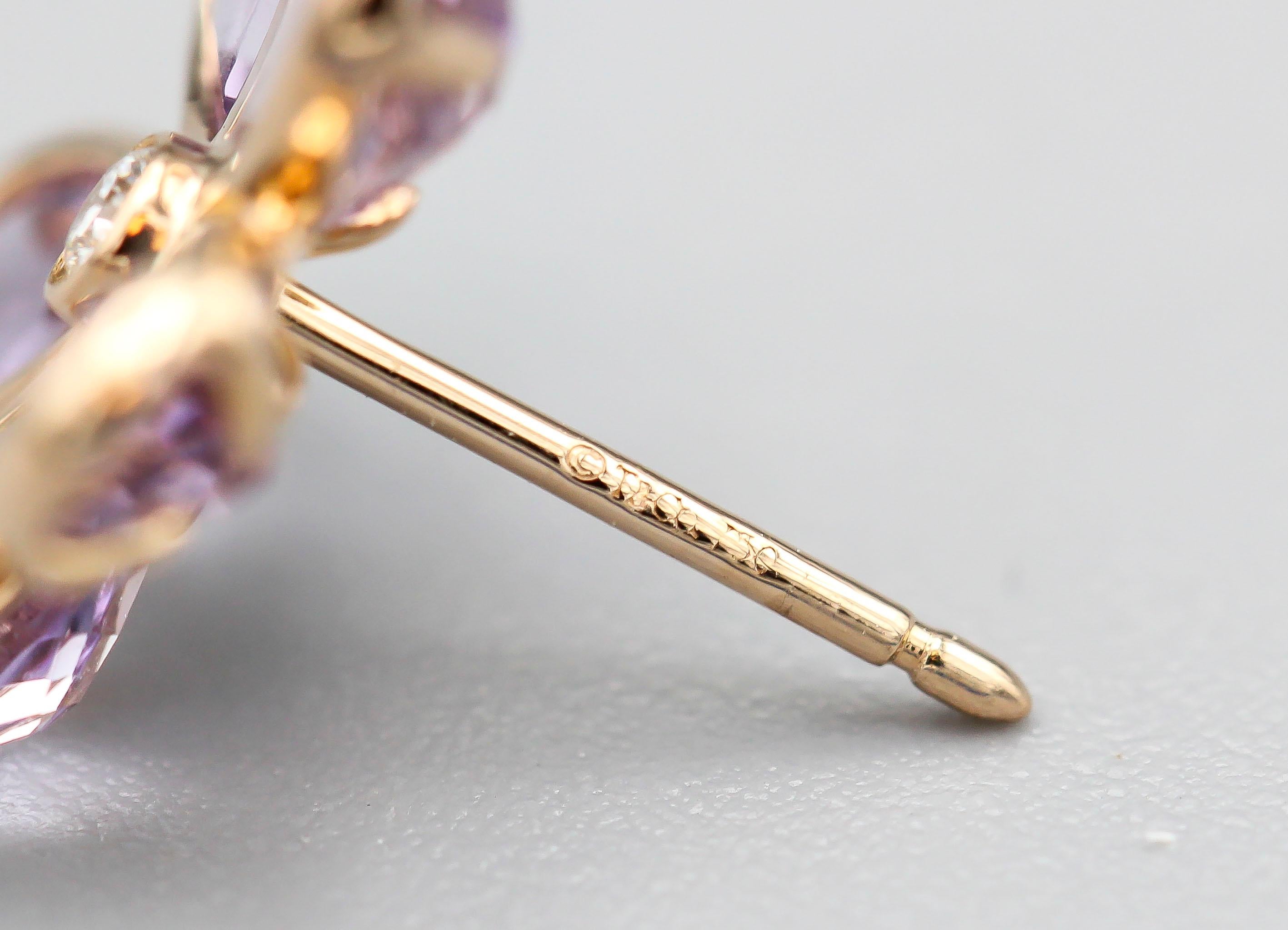 Round Cut Tiffany & Co. Amethyst Diamond 18 Karat Gold Flower Earrings For Sale