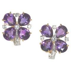 Tiffany & Co. Amethyst, Diamond and Gold Four Leaf Clover Earrings, Circa 1980