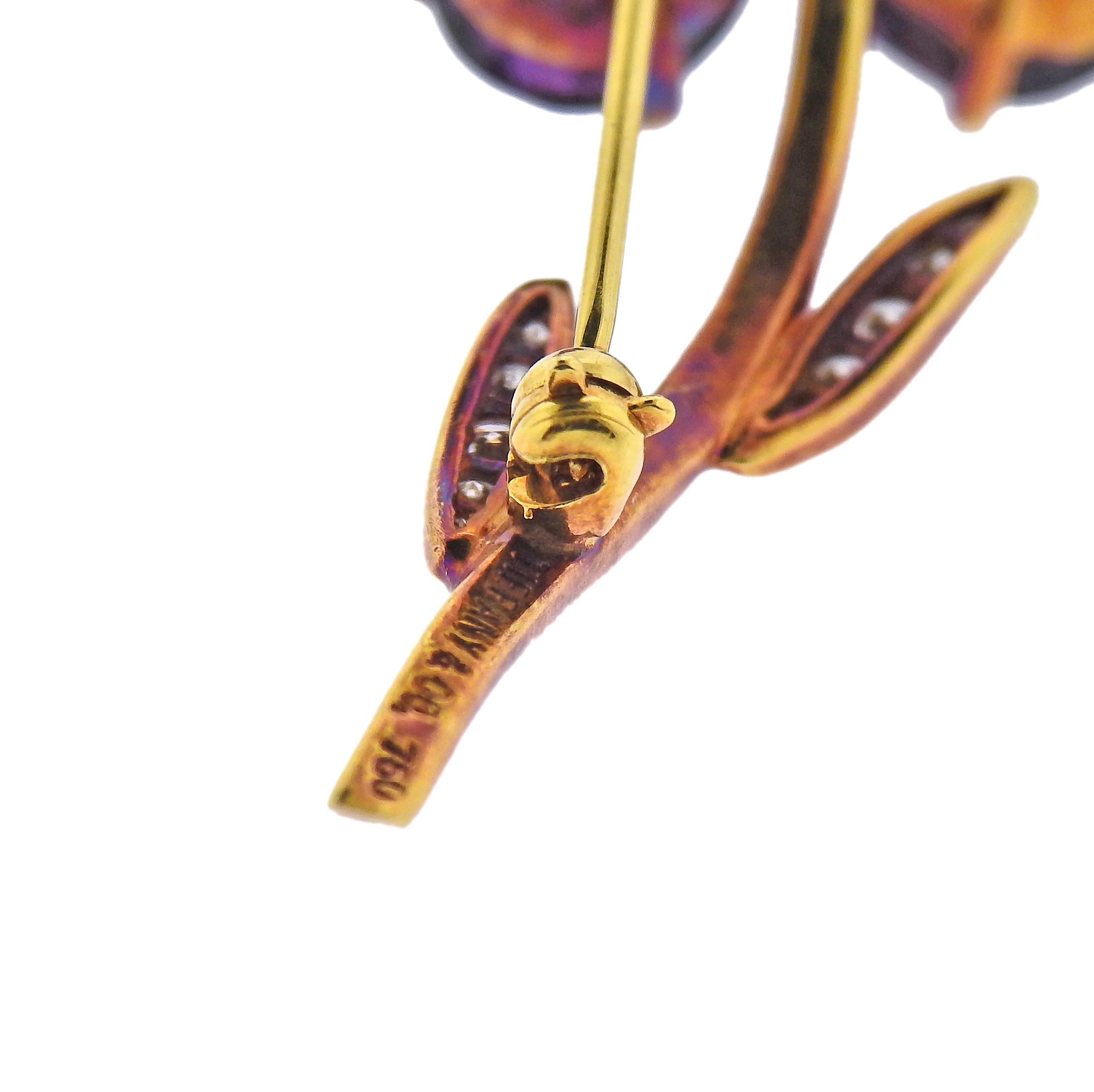 Round Cut Tiffany & Co. Amethyst Diamond Gold Flower Brooch