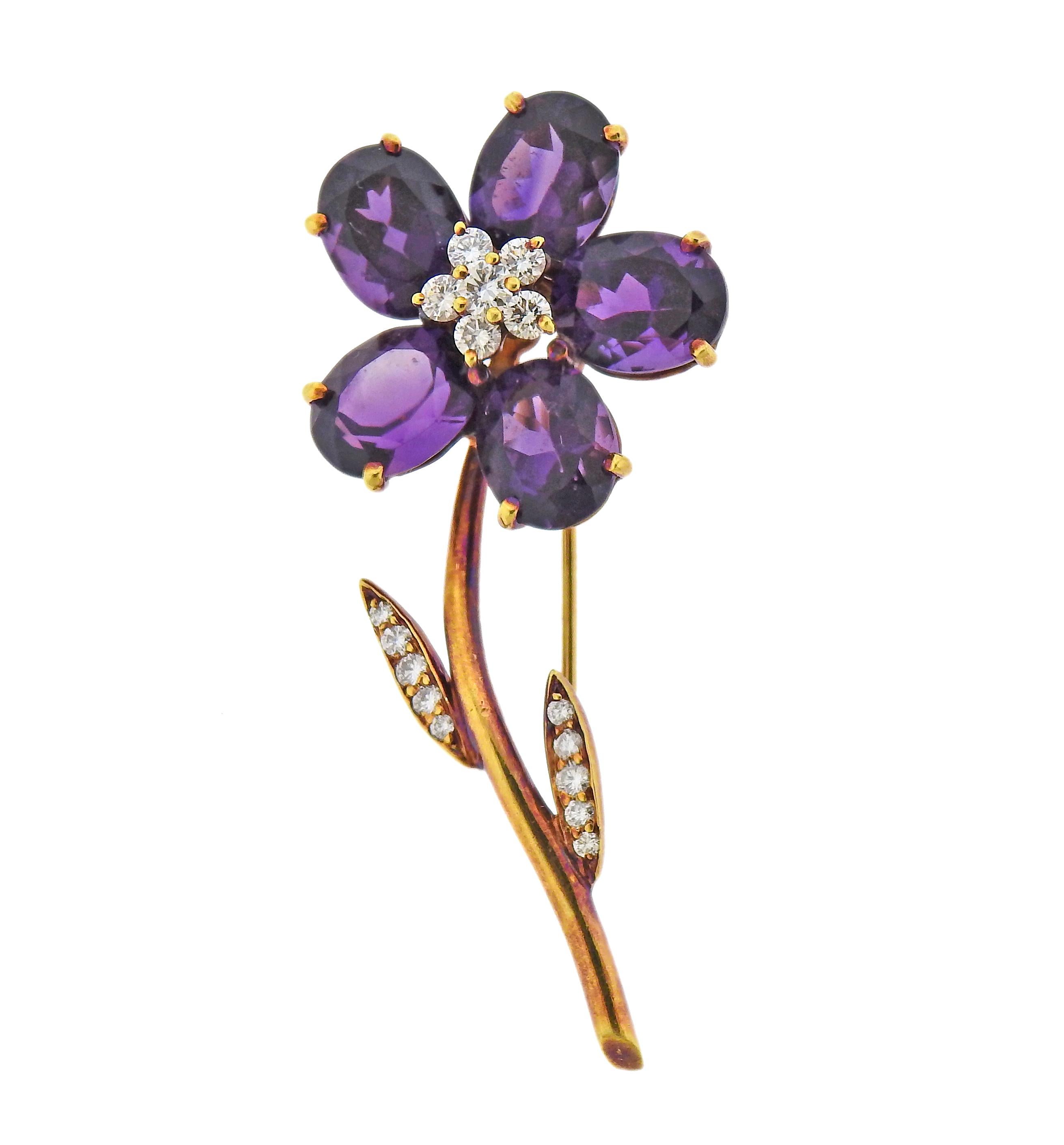 Tiffany & Co. Amethyst Diamond Gold Flower Brooch In Excellent Condition In New York, NY