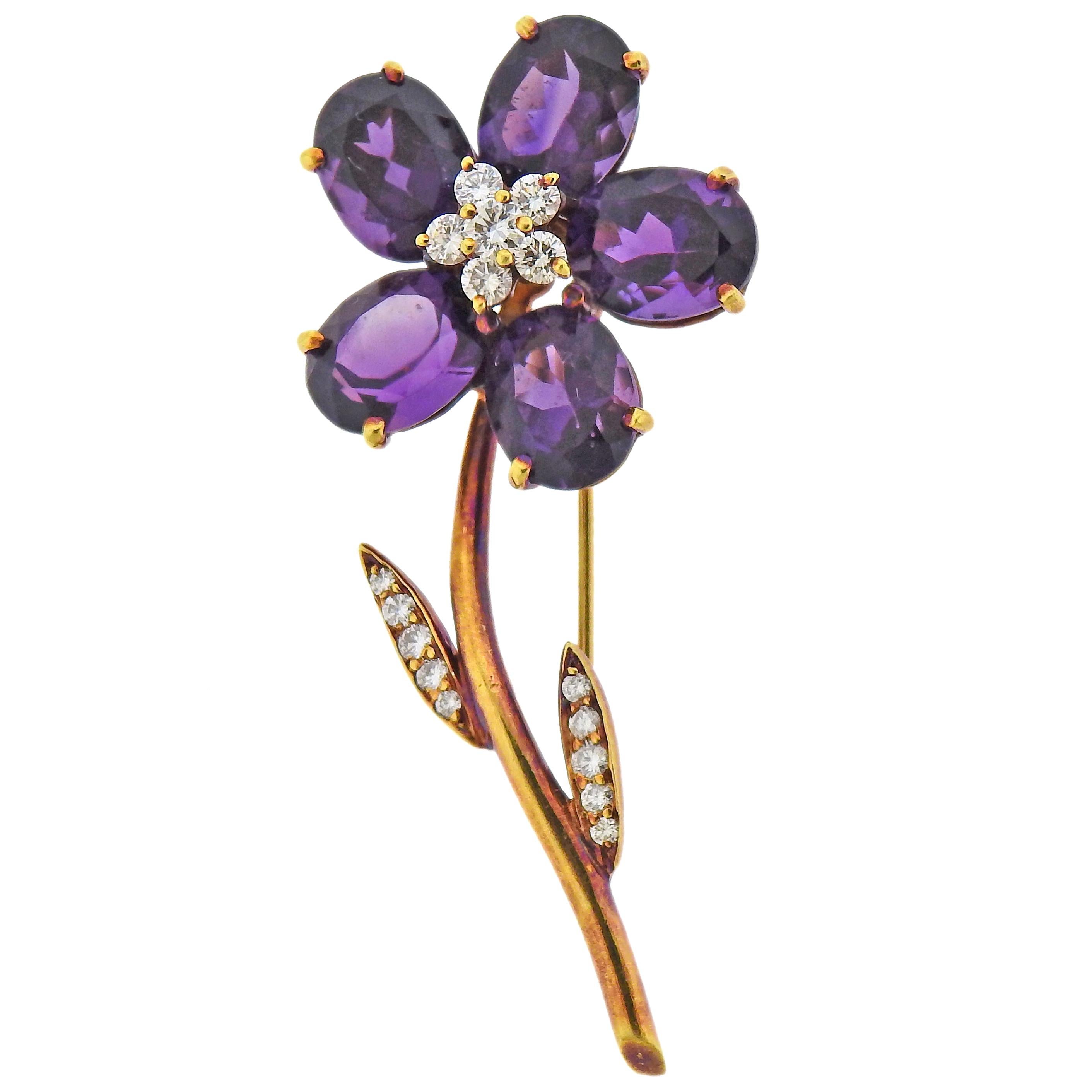 Tiffany & Co. Amethyst Diamond Gold Flower Brooch