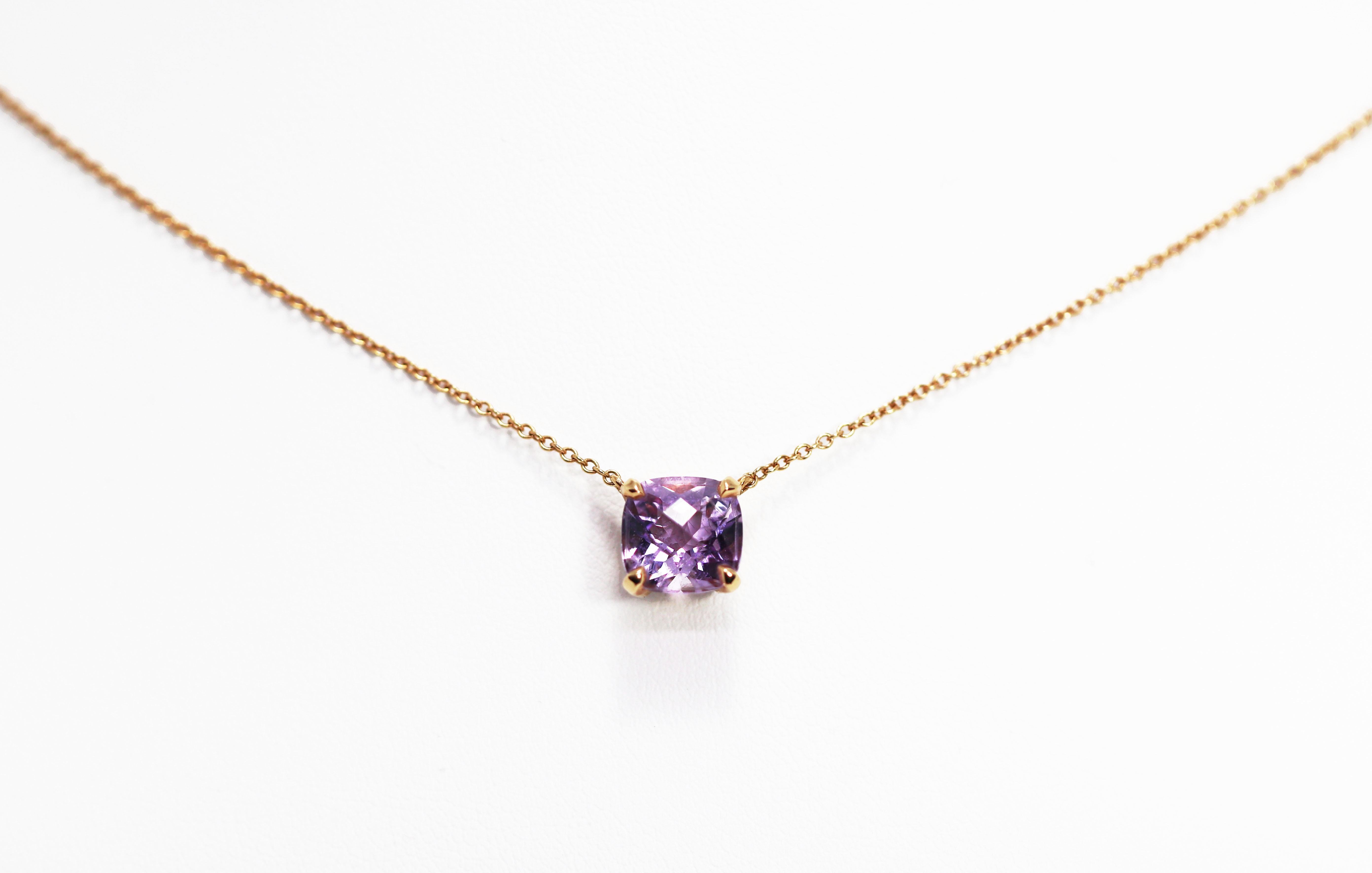 Tiffany & Co necklace and earring set. The necklace is a delicate four claw rose gold mount set with a 8x8mm cushion shaped amethyst attached to a 16