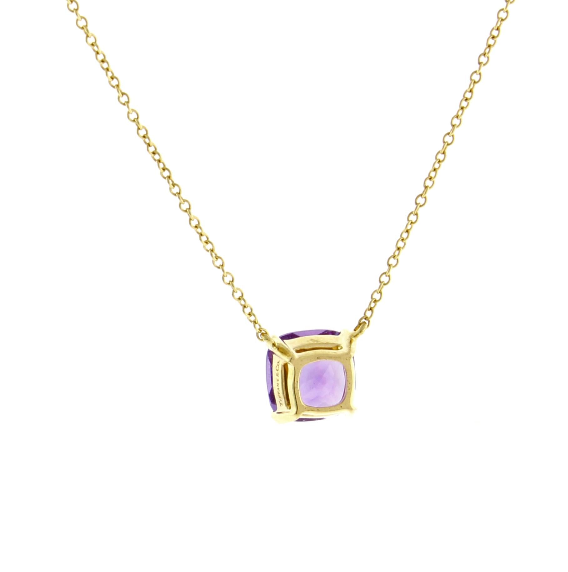 From Tiffany & Co. Sparkler collection.  A cushion cut Amethyst pendant  set in 18 karat gold.
♦ Designer:  Tiffany & Co.
♦ Metal: 18 karat
♦ Amethyst 8mm square
♦ Circa 2012
♦ Size 16 inch Tiffany chain
♦ Packaging:Tiffany box and pouch
♦